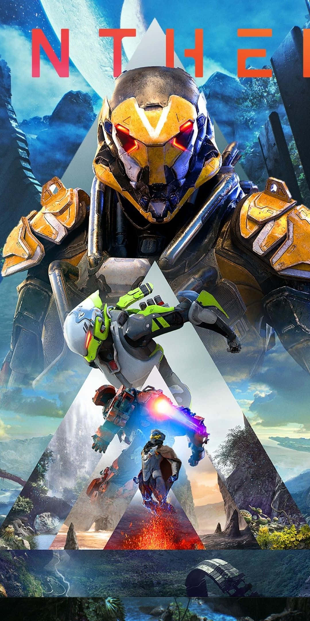 踏入開放世界動作冒險之旅，體驗Anthem 壁紙 — 一個高大的裝甲戰士，眼睛發出紅光，站在較小的戰士之上，形成一幅以山脈為背景的科幻戰鬥場景三聯畫。