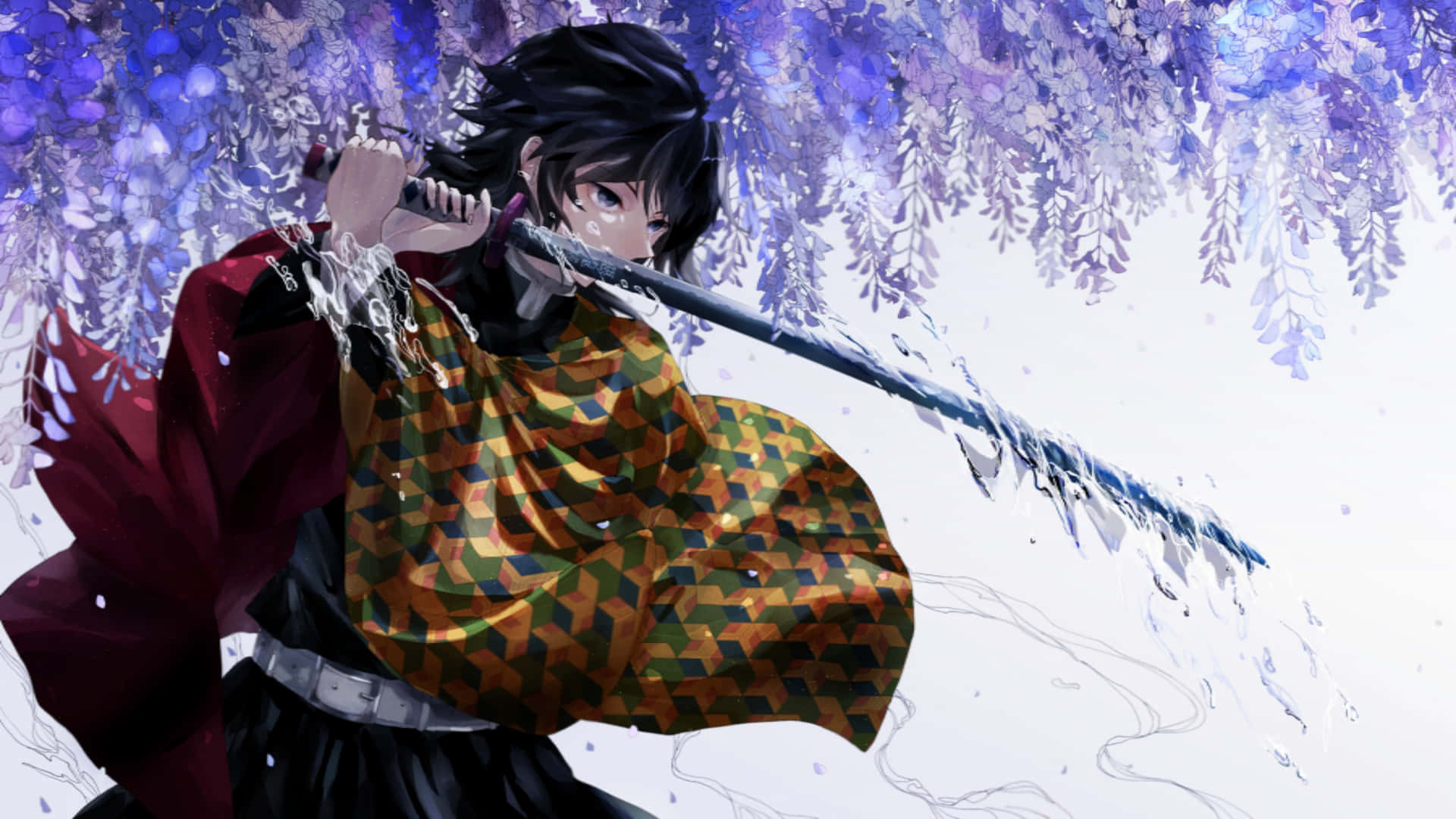 動漫戰士以動態動作揮劍斬過紫色紫藤花。