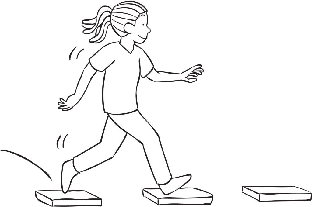 踏石運動插圖 壁紙 — 一個簡單的線條畫，描繪一個女孩在黑暗背景上跑過踏腳石。