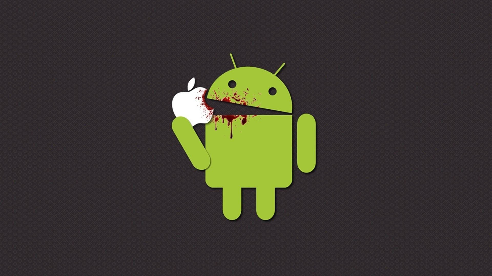 綠色Android吉祥物被刀刺穿，手持Apple標誌，血液滴落。 — 蘋果 壁紙
