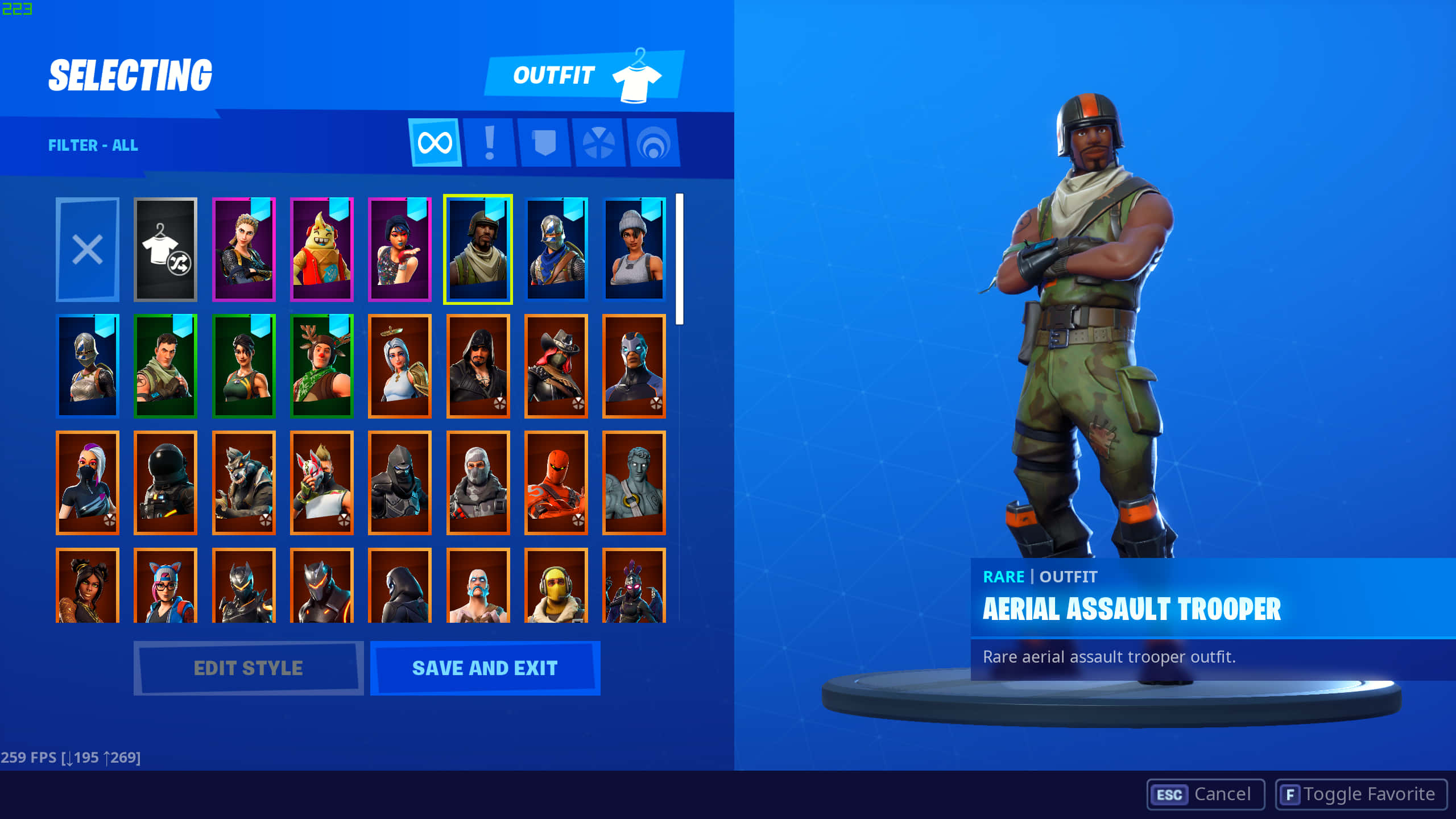 「踢起空中風暴」 壁紙 — Fortnite 角色選擇畫面，顯示稀有嘅空中突擊兵服裝，以及一個包含其他可用服裝嘅網格。