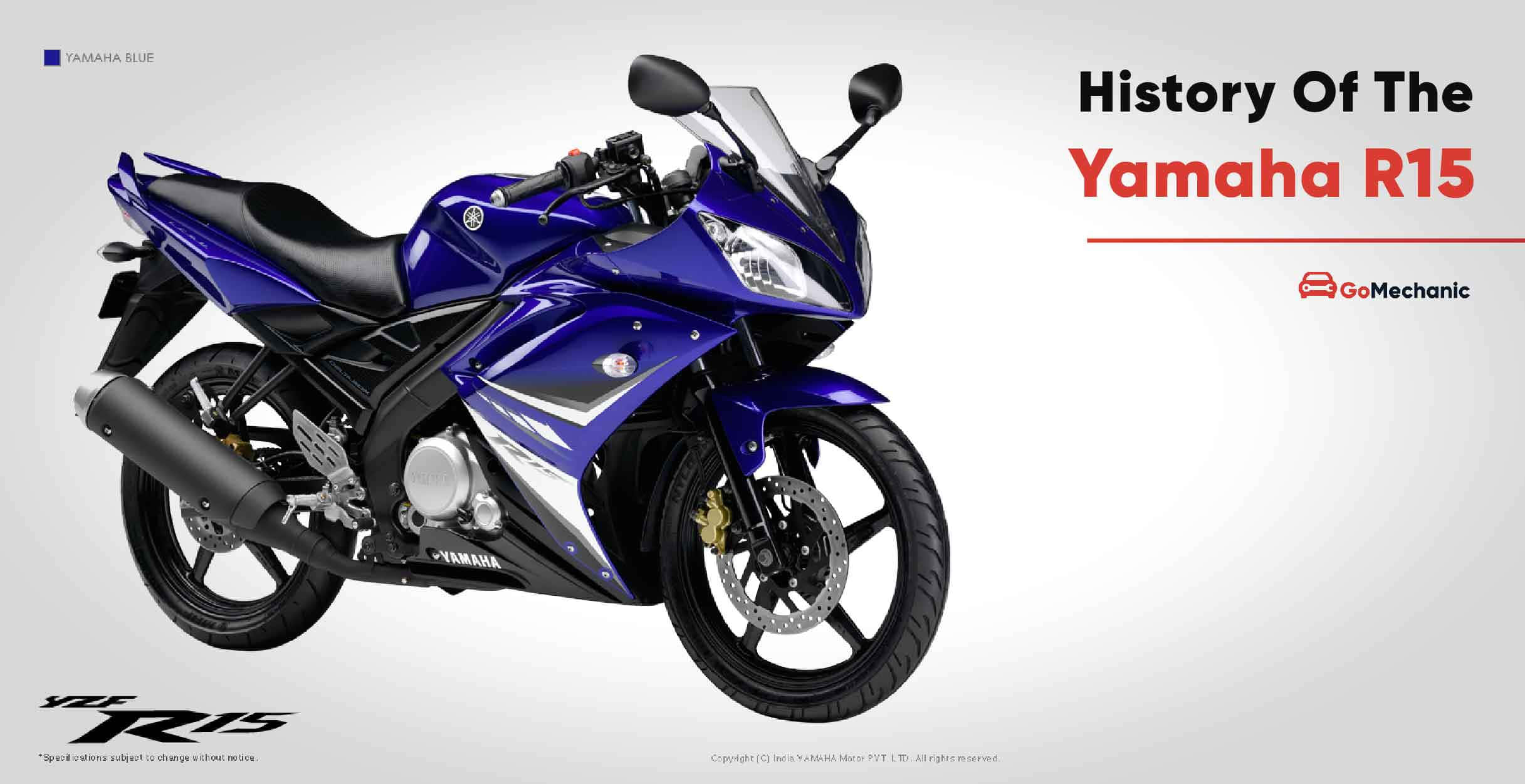 踩下油門，全力加速 壁紙 — 一輛時尚的藍色Yamaha R15電單車，帶有黑色點綴和銀色細節，在工作室燈光下以純白色背景展示。
