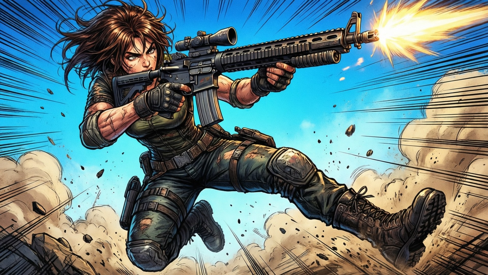 身穿戰鬥裝備的女兵穿過煙霧和碎片開槍射擊。