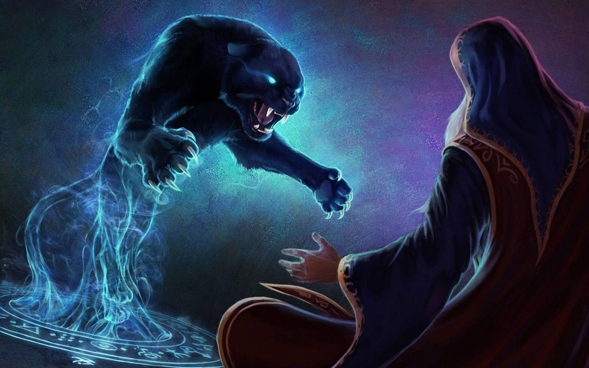 一個戴著兜帽的魔法師從魔法圓圈中召喚出一隻發光的藍色豹靈。