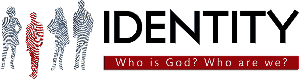 身分疑問橫幅 壁紙 — 粗體黑色文字「IDENTITY」以及三個由紅色和灰色指紋圖案組成的風格化人形剪影。