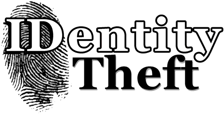 身分盜用概念圖 壁紙 — 粗體白色文字在黑色背景上顯示「Identity Theft」，並以指紋圖形取代字母「I」。