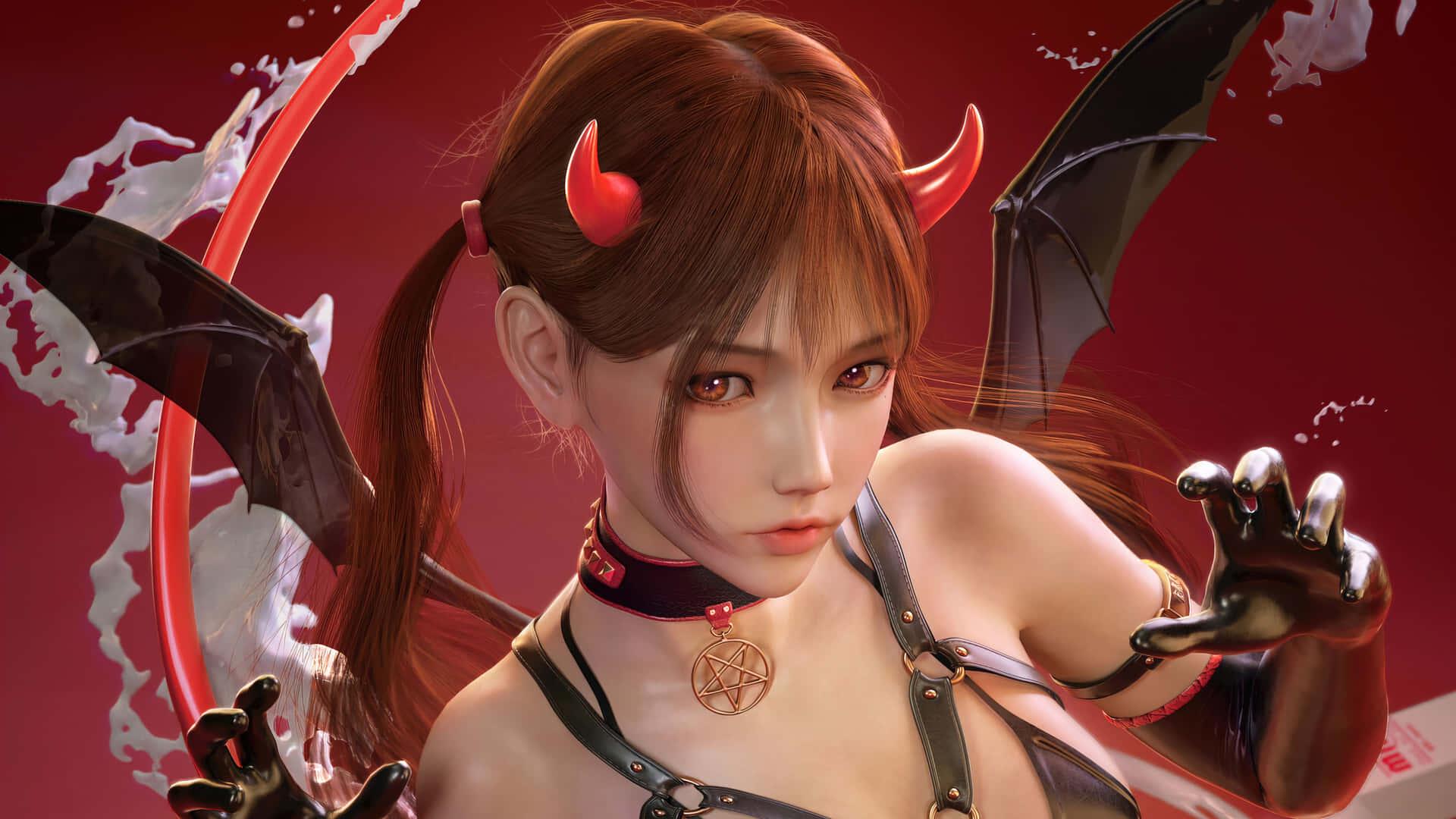 動漫風格的惡魔女孩，紅色角、黑色翅膀，戴著五角星項鍊。