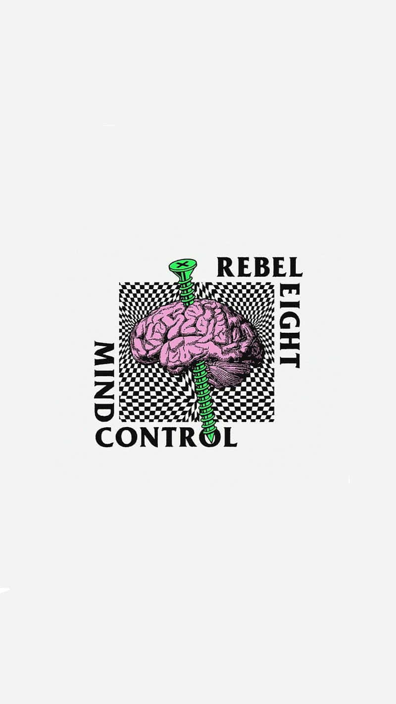 粉紅色大腦被綠色螺絲釘穿過，文字 rebel eight mind control 在格子背景上。