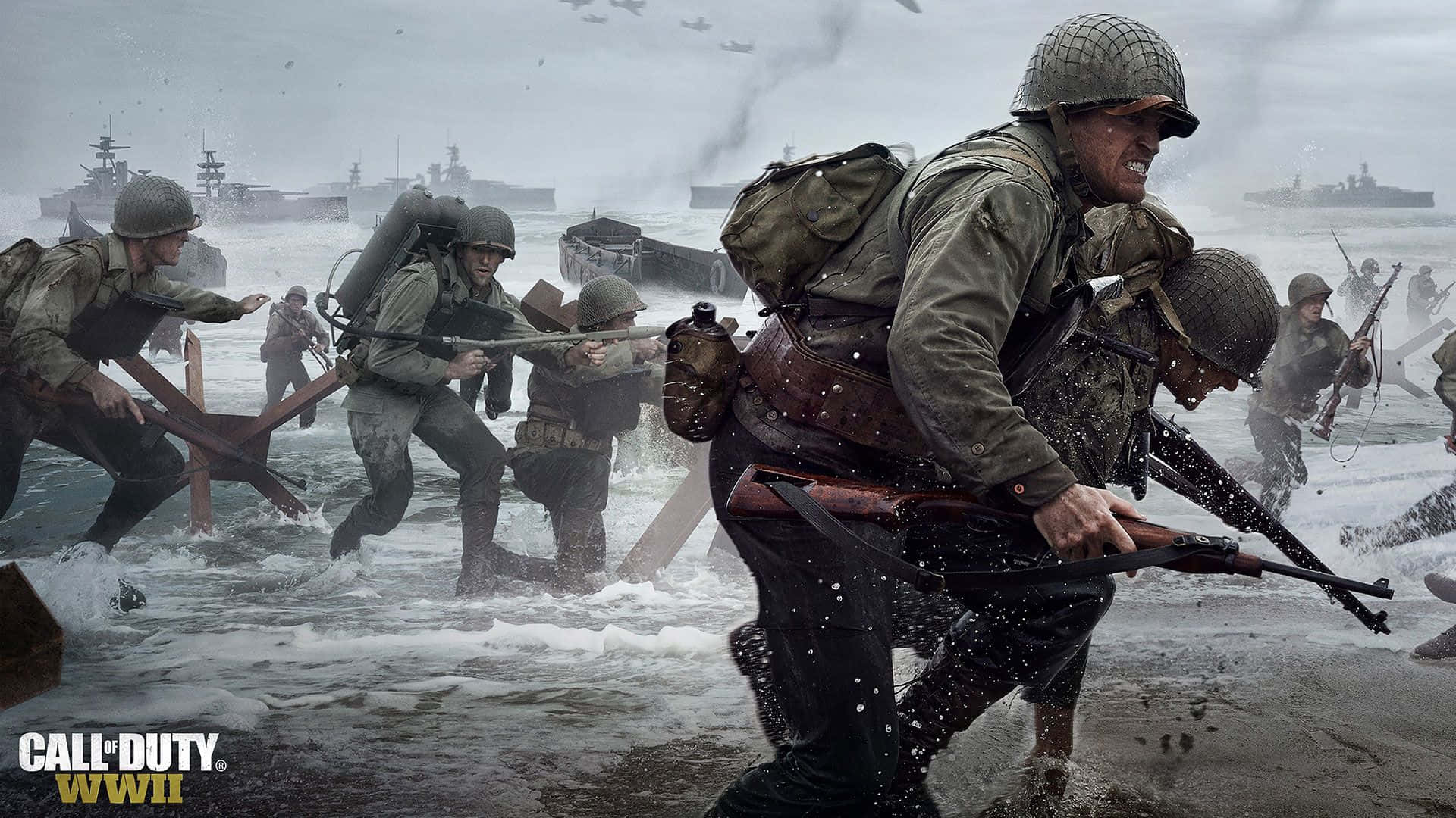 Cod 桌布 壁紙 — 身穿二戰裝備的士兵在暴風雨的天空下衝過洶湧的海浪，遠處有軍艦。