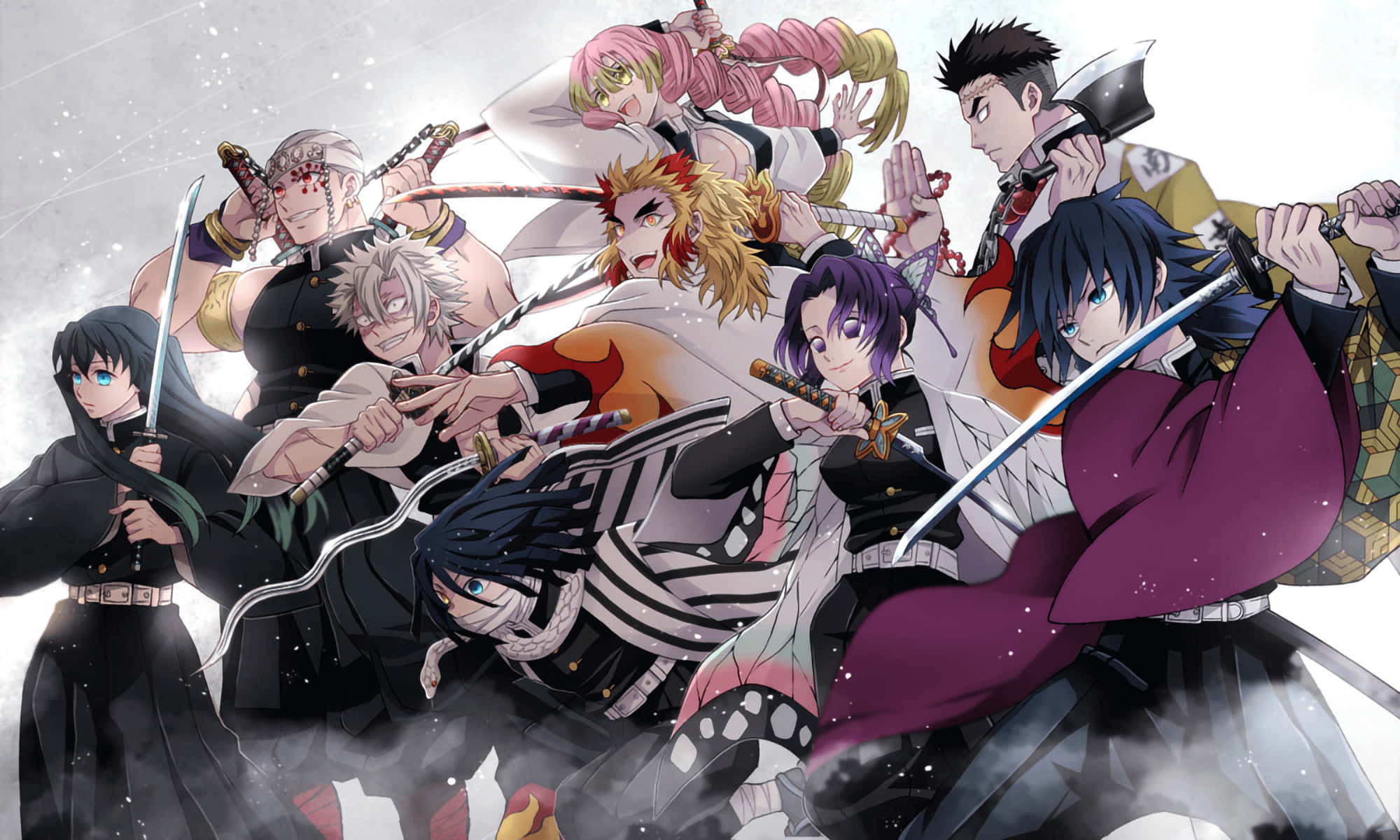 Rengoku And Tengen 桌布 壁紙 — 身穿傳統服飾的動態動漫戰士在旋轉的雪花和戲劇性燈光中揮劍交鋒。