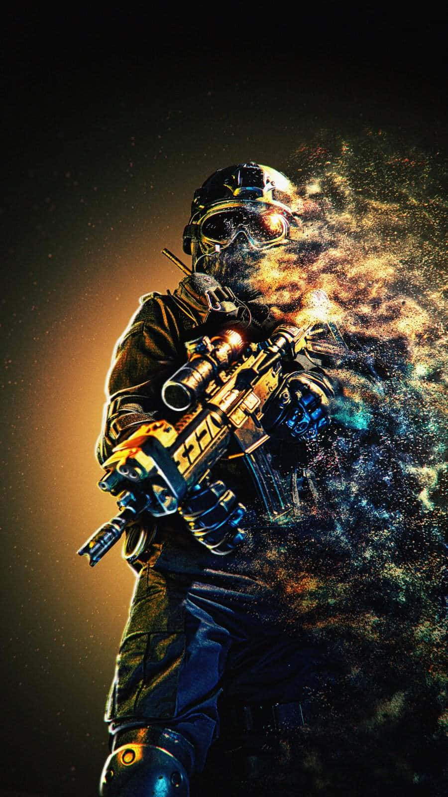 未來戰士手持發光武器和宇宙爆炸效果。