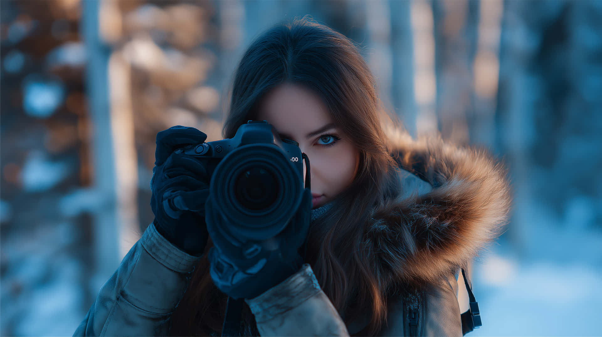 穿冬季外套的女性在雪地森林中手持相機