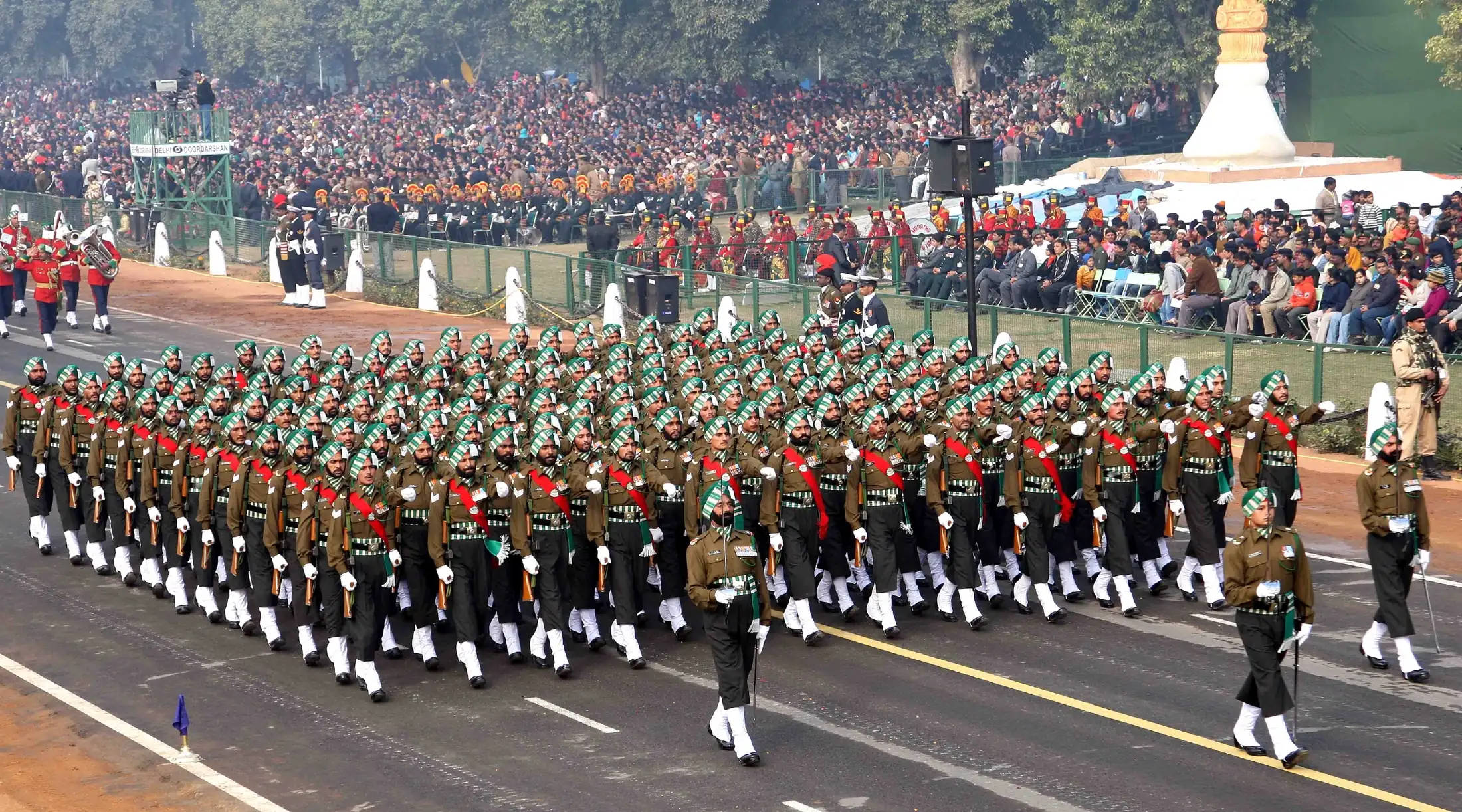 Indian Army 桌布 壁紙 — 身穿制服的士兵在公眾遊行中以精確的隊形行進，觀眾沿街排列。