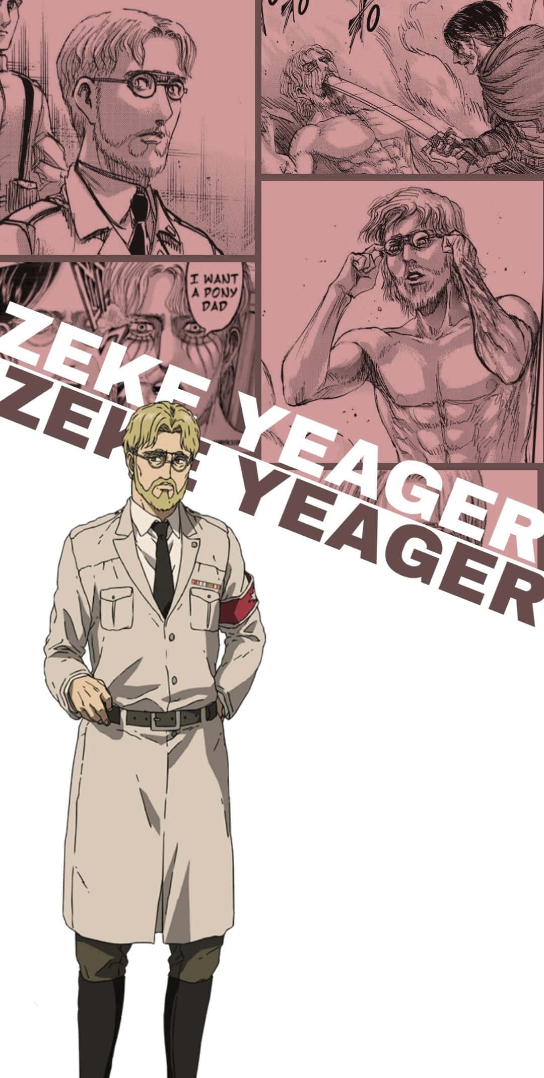 Zeke Yeager 桌布 壁紙 — 身穿實驗袍的動畫角色 Zeke Yeager，搭配展現激烈動作和情感時刻的漫畫面板。