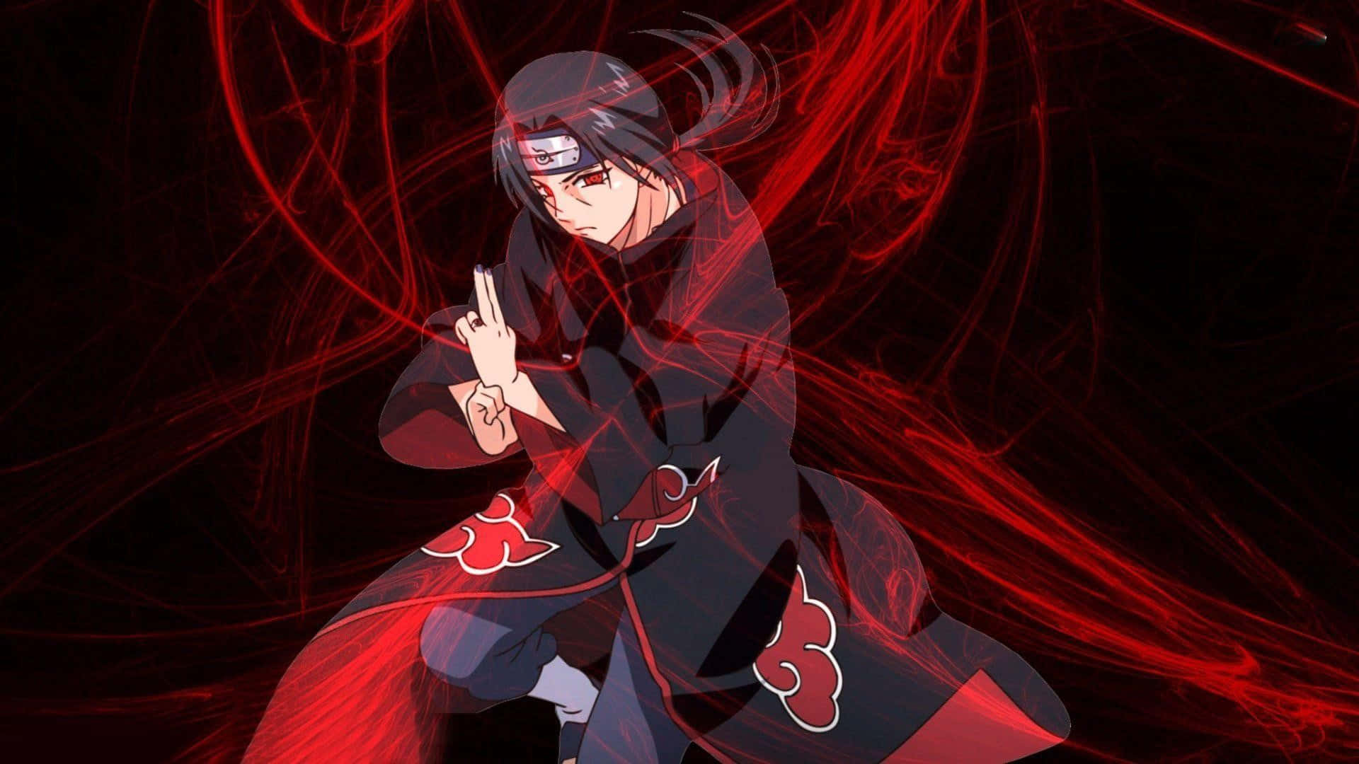 Genjutsu 桌布 壁紙 — 身穿帶有紅色雲朵的黑色斗篷的動漫角色，在黑暗背景中，被旋轉的紅色能量包圍，正在結手印。