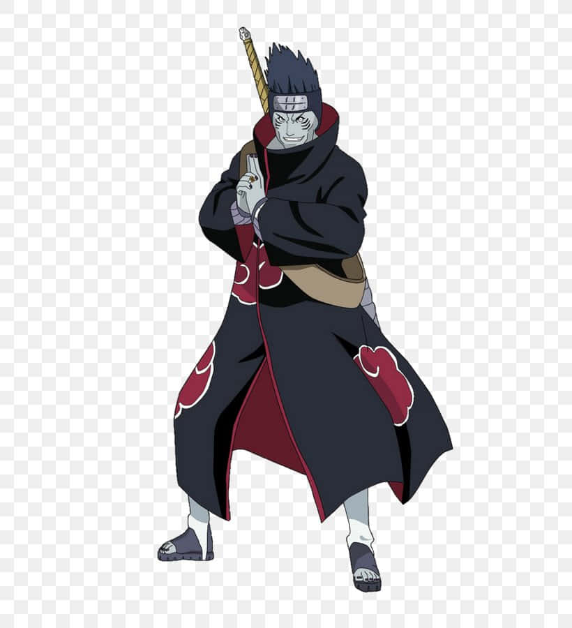 Akatsuki Kisame 桌布 壁紙 — 身穿帶有紅色雲紋的黑色斗篷的動漫角色，在棋盤格背景前擺出戰鬥姿勢手持劍。