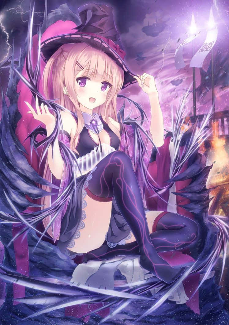 身穿彩色紫色服裝的年輕動漫角色 壁紙 — 一個驚訝的動漫女巫，粉紅色頭髮和紫色眼睛，坐在風暴紫色天空下旋轉的黑暗能量和閃電中。