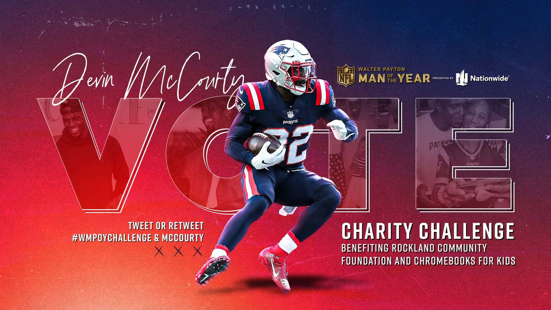Devin Mccourty 桌布 壁紙 — 身穿愛國者隊球衣的足球運動員德文·麥考蒂在鮮紅色漸變背景上持球衝刺，推廣慈善投票。