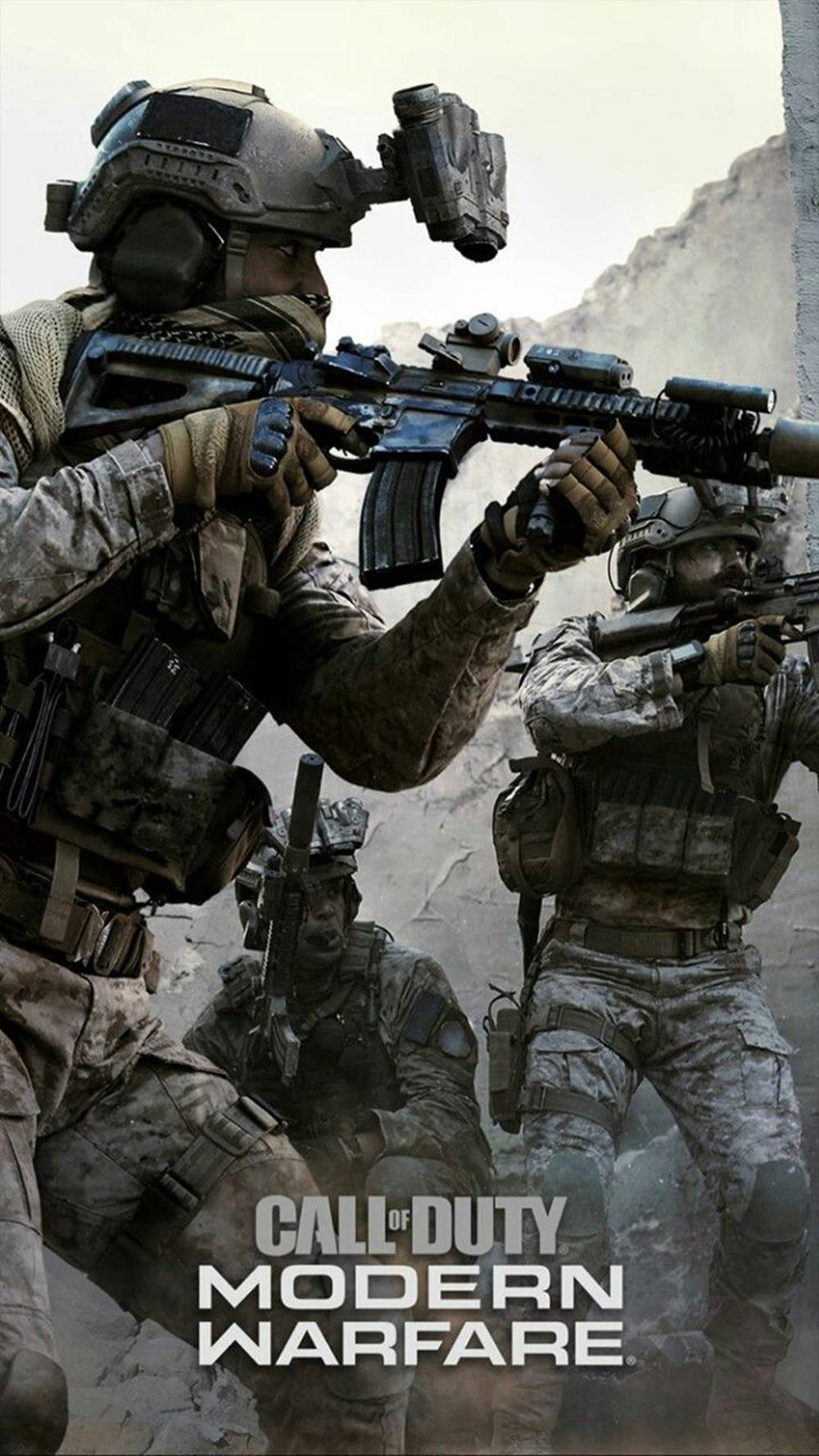 Call Of Duty Modern Warfare iPhone 桌布 壁紙 — 身穿戰術裝備的士兵在塵土飛揚的戰區中前進，步槍指向前方。