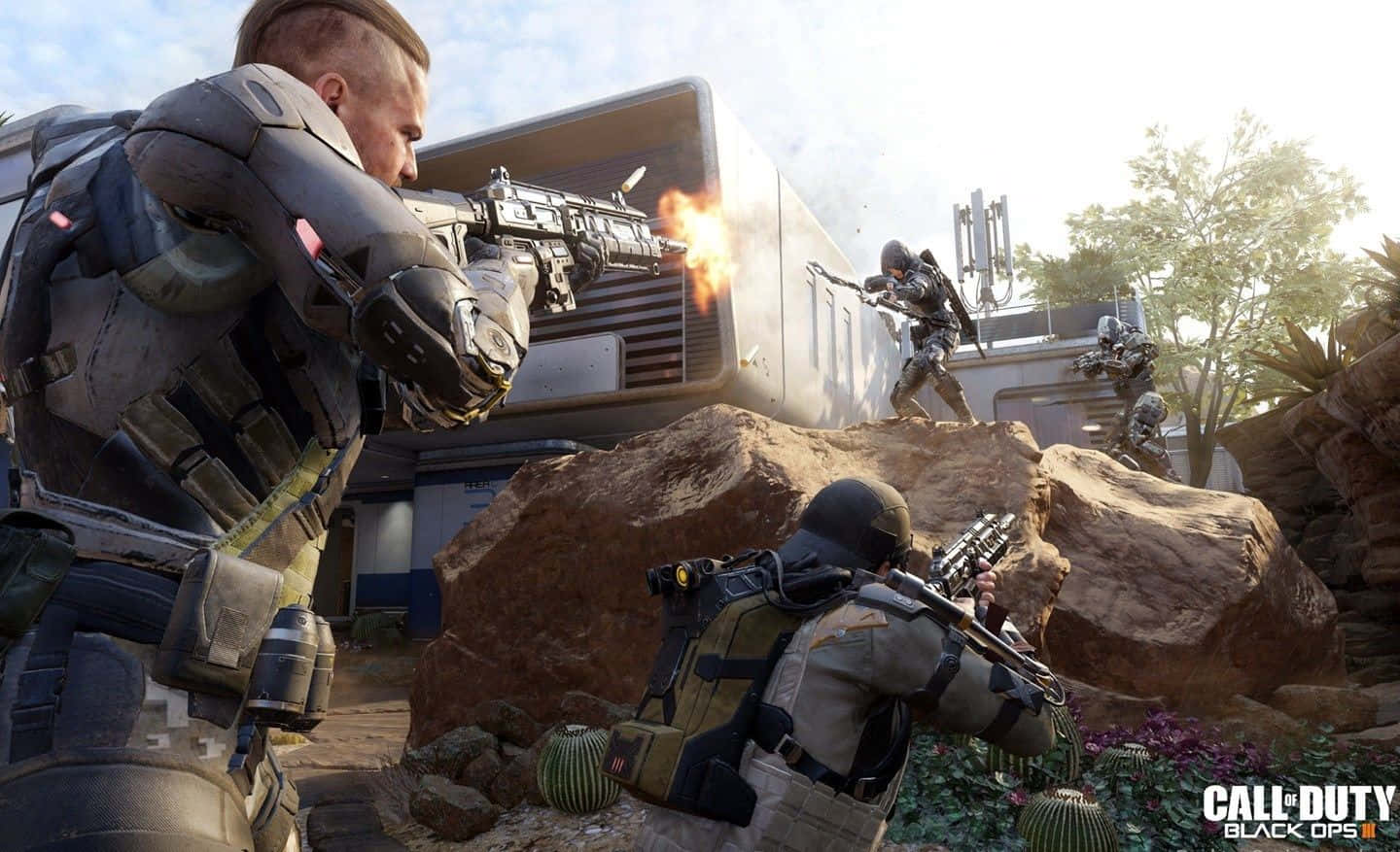 Black Ops 3 桌布 壁紙 — 身穿戰術裝備的士兵在岩石地形和未來主義建築的沙漠戰鬥區域開火。