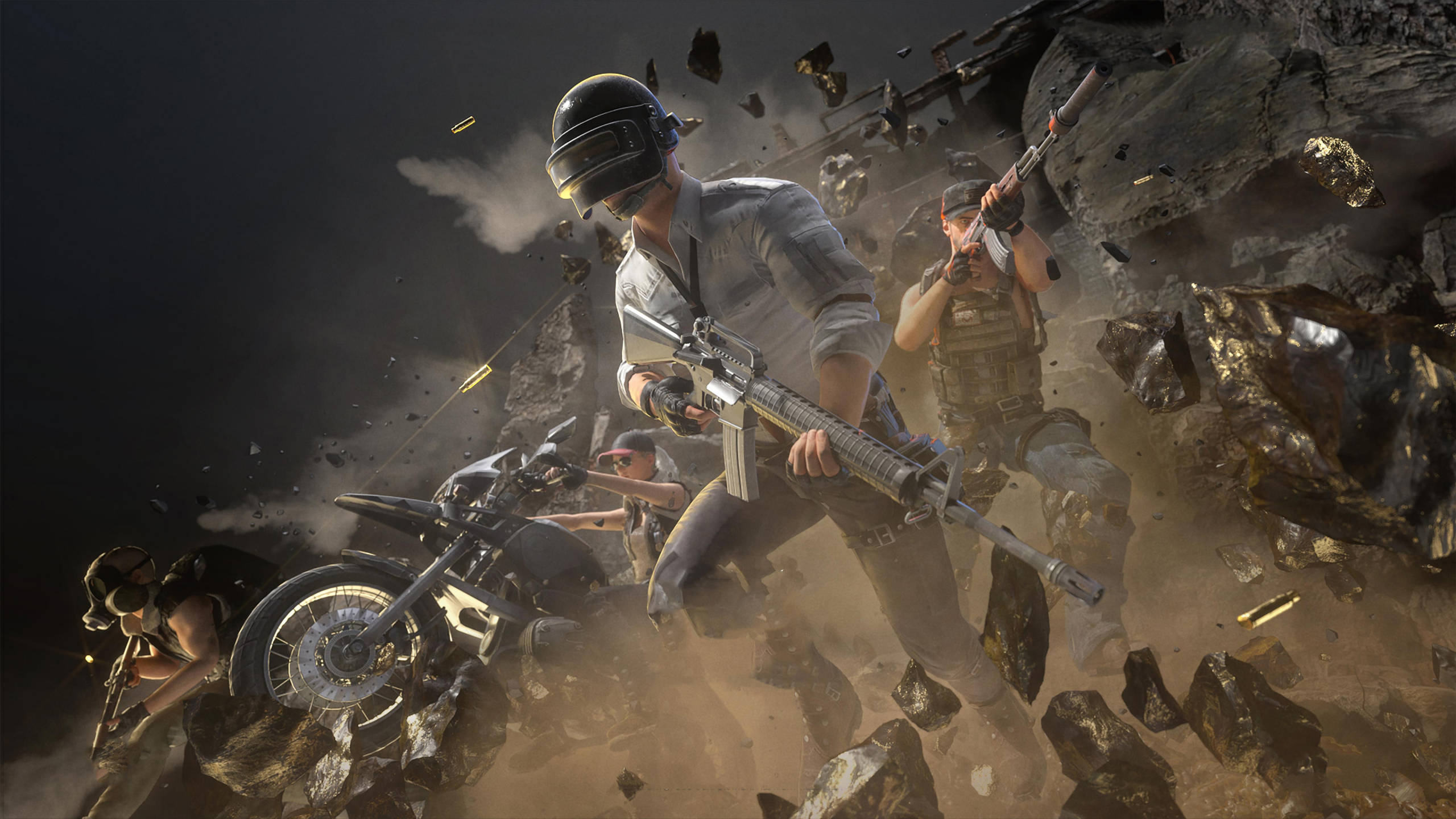PUBG 桌布 壁紙 — 身穿戰術裝備的士兵在岩石爆炸、碎片飛揚的惡劣戰區中戰鬥。