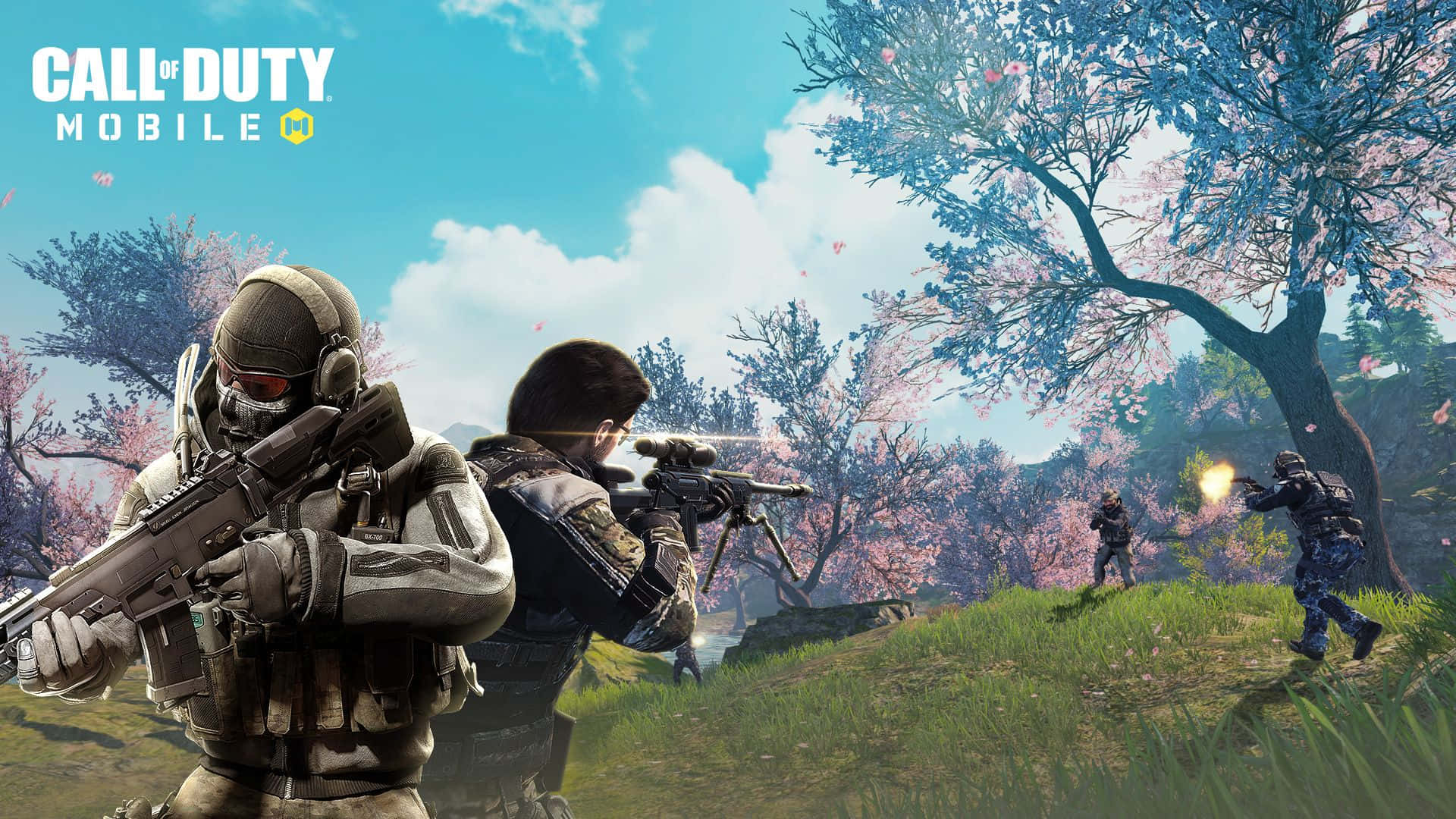 Call Of Duty Battles 桌布 壁紙 — 身穿戰術裝備的士兵在晴朗藍天下，於盛開的櫻花樹叢中進行戰鬥。