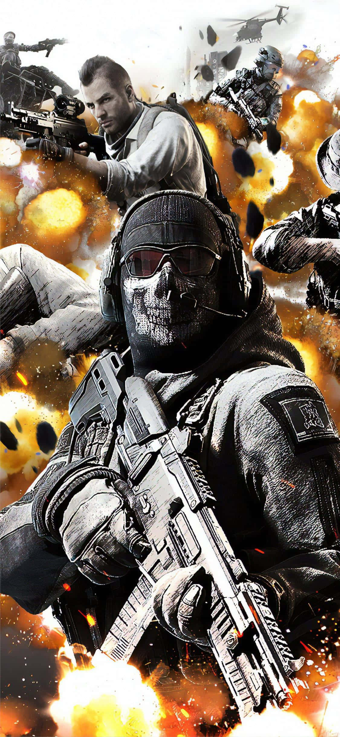 Call Of Duty Weapons 桌布 壁紙 — 身穿戰術裝備的士兵在混亂的戰區中，在直升機盤旋的頭頂上，穿越熾熱的爆炸進行戰鬥。