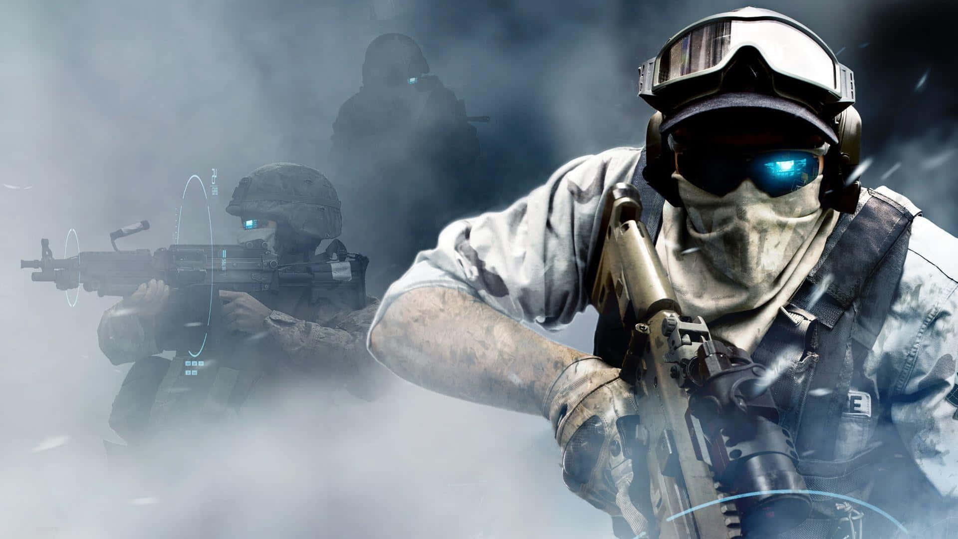 Call Of Duty First Person Shooter 桌布 壁紙 — 身穿戰術裝備的士兵在煙霧中前進，配備發光藍色護目鏡和數字瞄準覆蓋層。