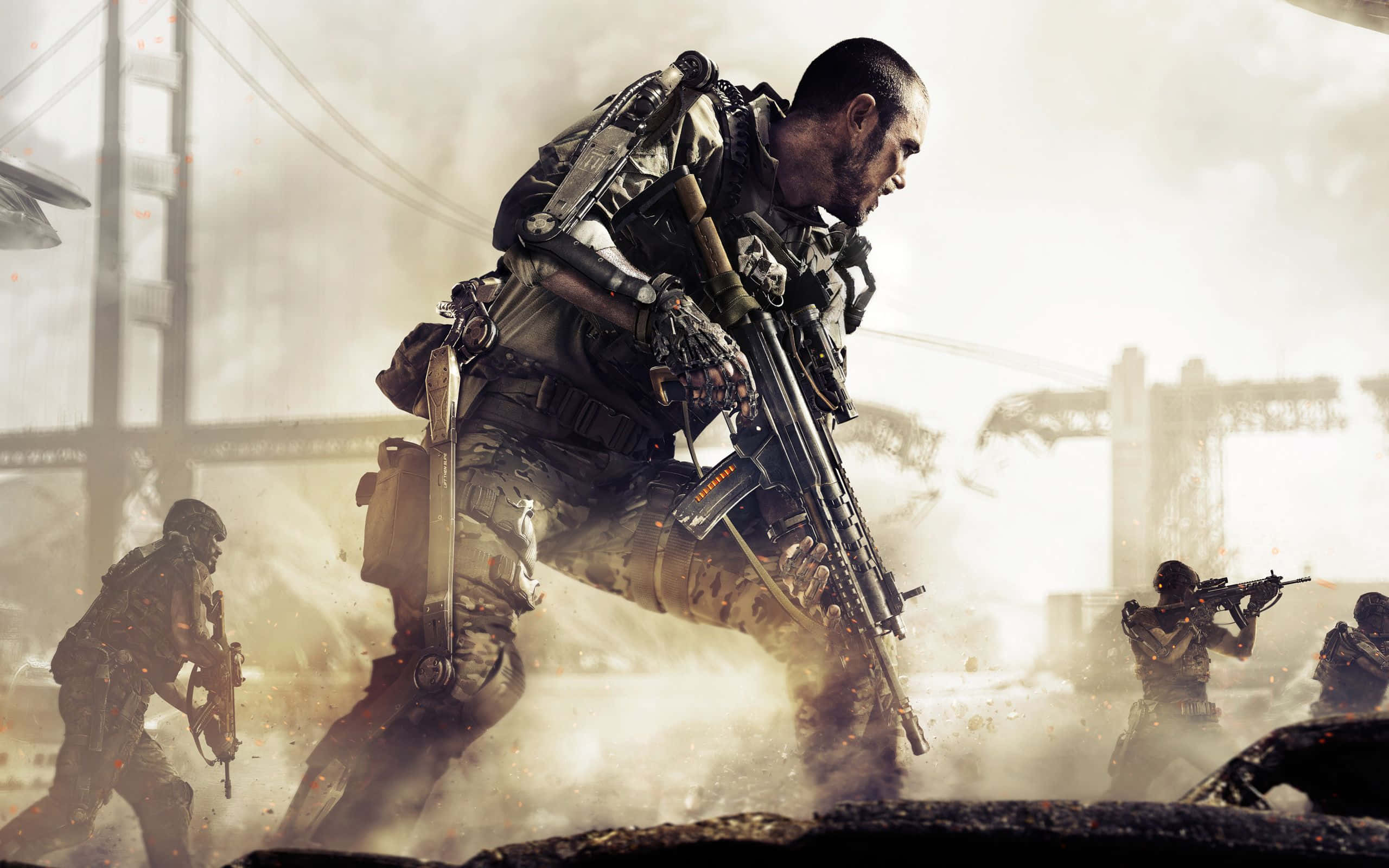 Cod 桌布 壁紙 — 身穿戰術裝備的士兵在煙霧和瓦礫中前進，背景是一座橋樑，呈現戰爭摧殘的城市戰場。