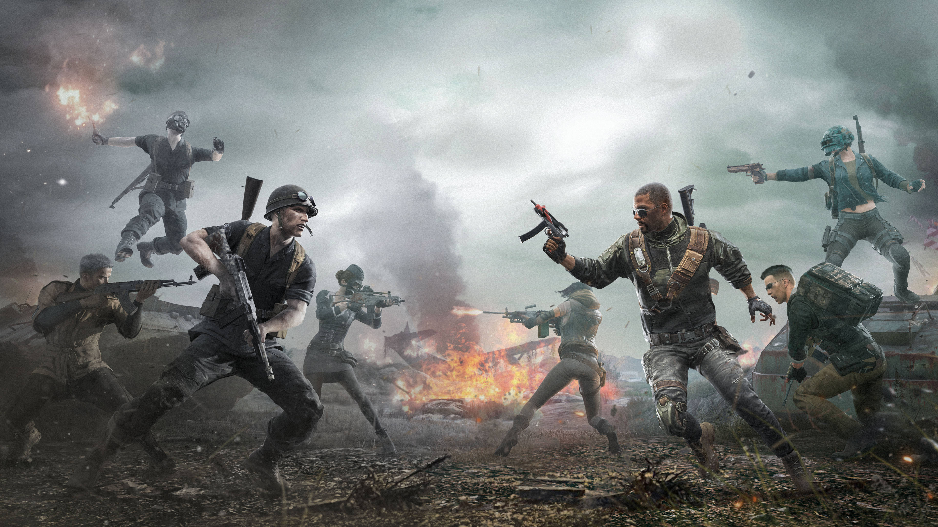 PUBG 桌布 壁紙 — 身穿戰鬥裝備的士兵在充滿煙霧、爆炸和槍聲的戰場上衝鋒。