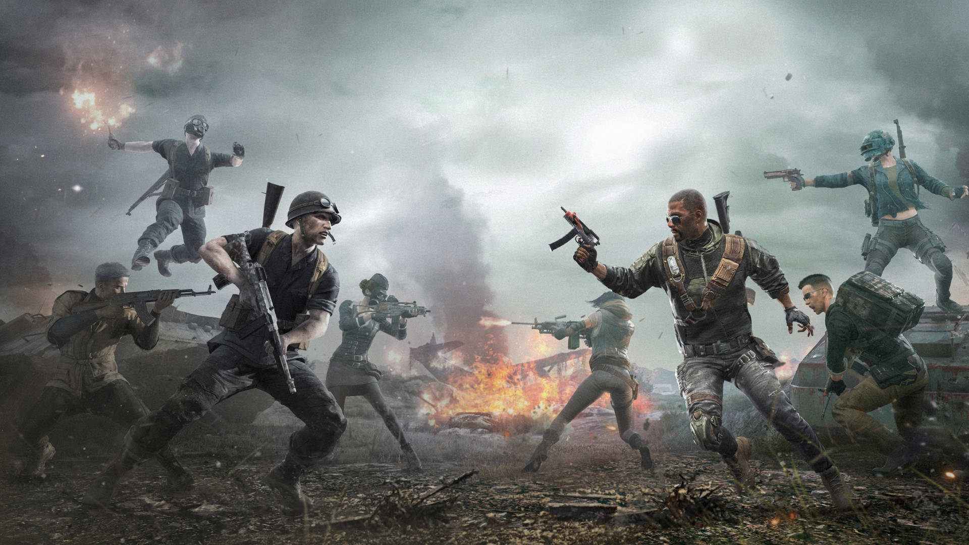 PUBG 桌布 壁紙 — 身穿戰鬥裝備的士兵在充滿煙霧的戰場上衝鋒，伴隨著爆炸和槍火。