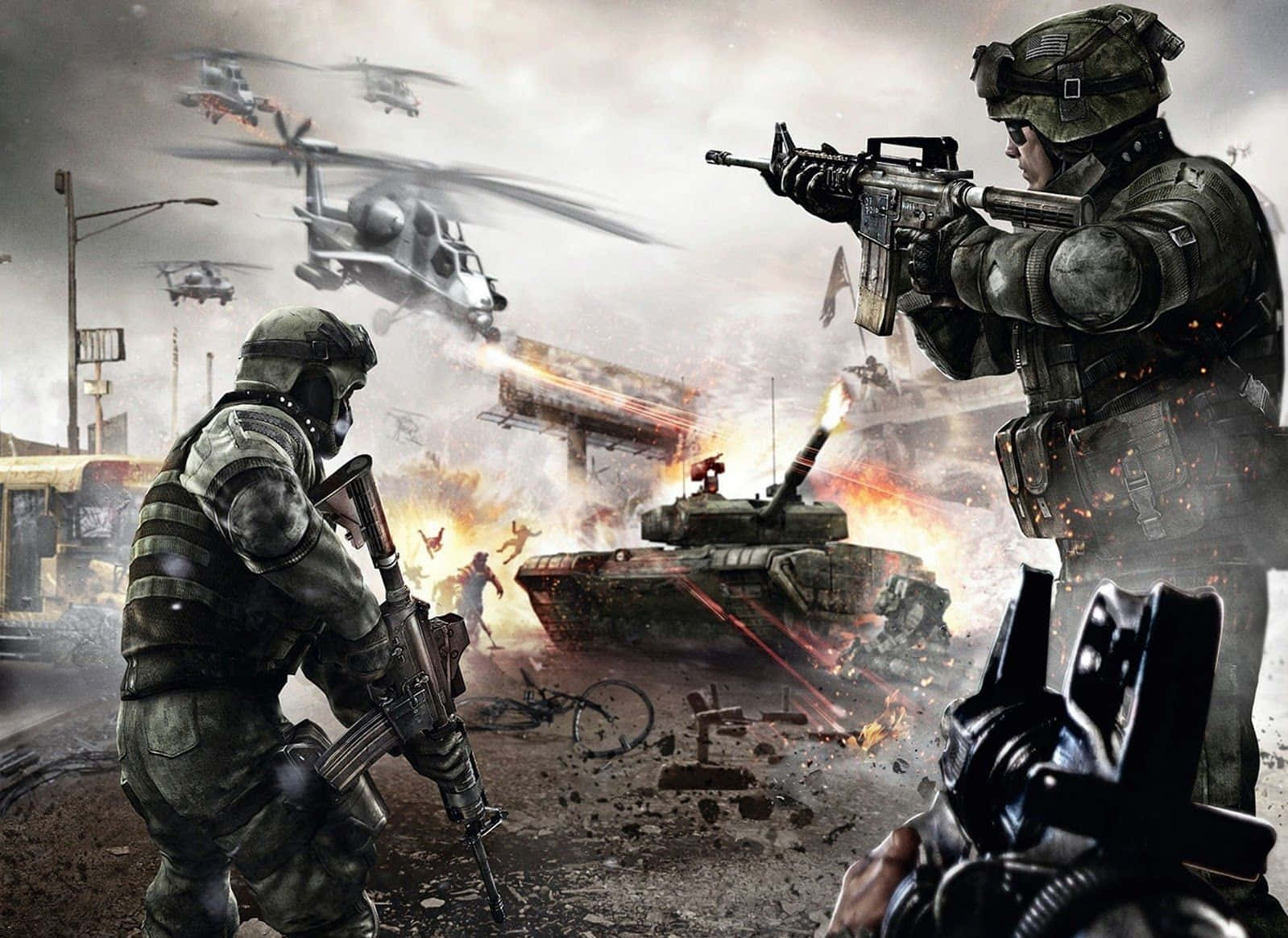 War Games 桌布 壁紙 — 身穿戰鬥裝備的士兵在爆炸和直升機中，於戰火摧殘的城市街道上，對著燃燒的坦克開火。