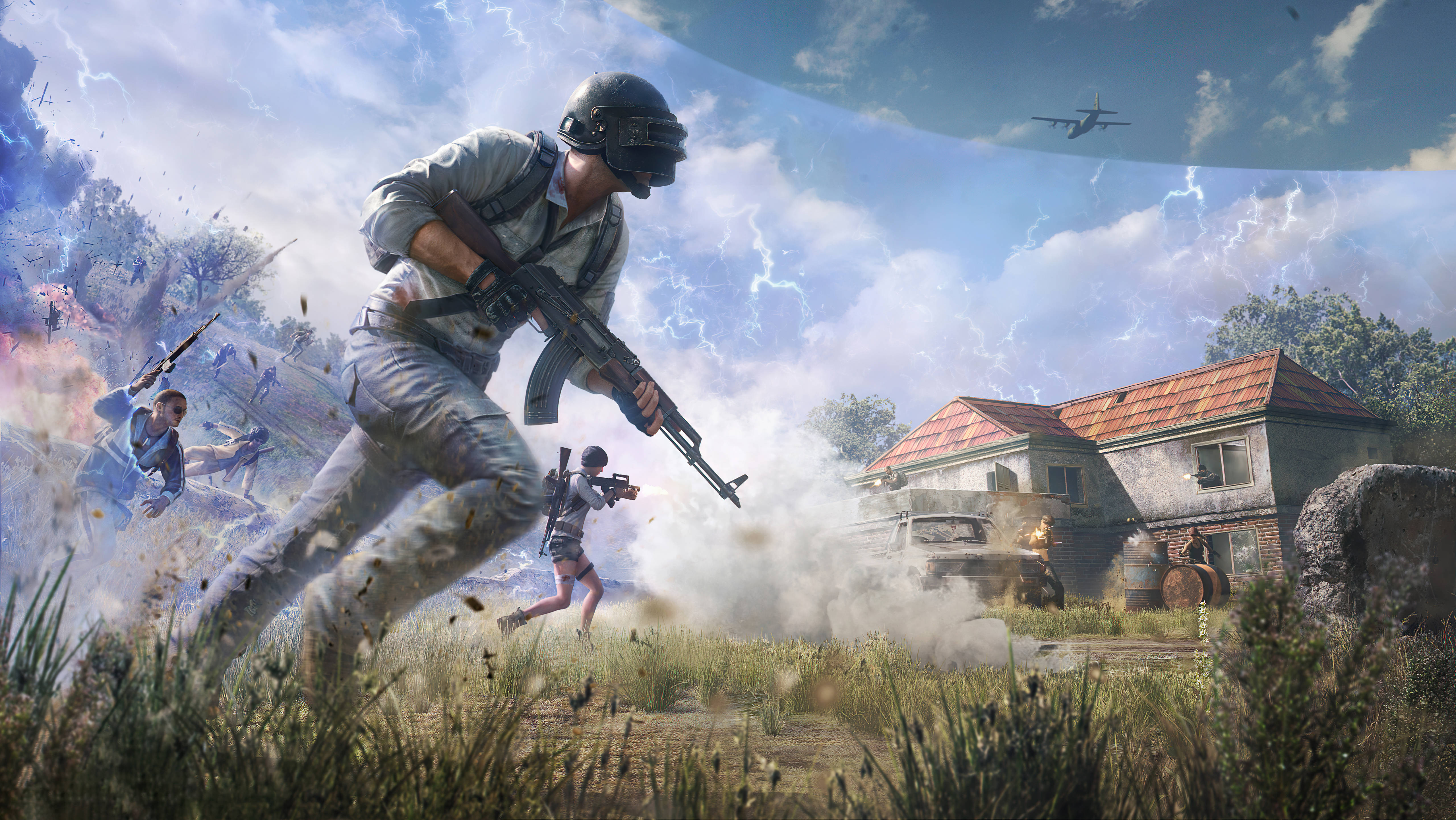 PUBG 桌布 壁紙 — 身穿戰鬥裝備的士兵在草地上衝刺，爆炸和閃電照亮了暴風雨天空下的鄉村。