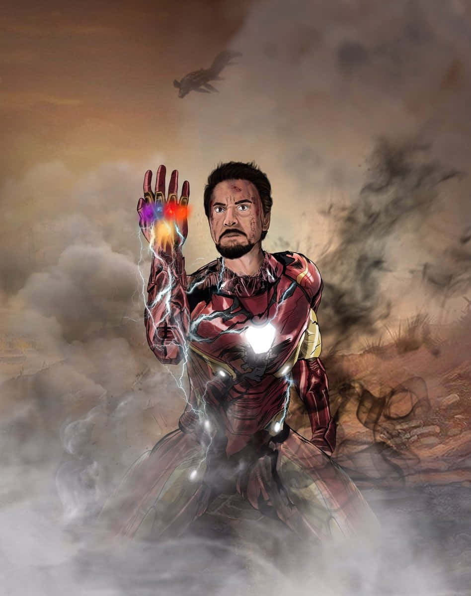 Iron Man Fan Art 桌布 壁紙 — 身穿戰鬥裝甲的鐵甲奇俠在煙霧瀰漫的戰場上，舉起發光的護手，遠方有一架噴射機飛過。