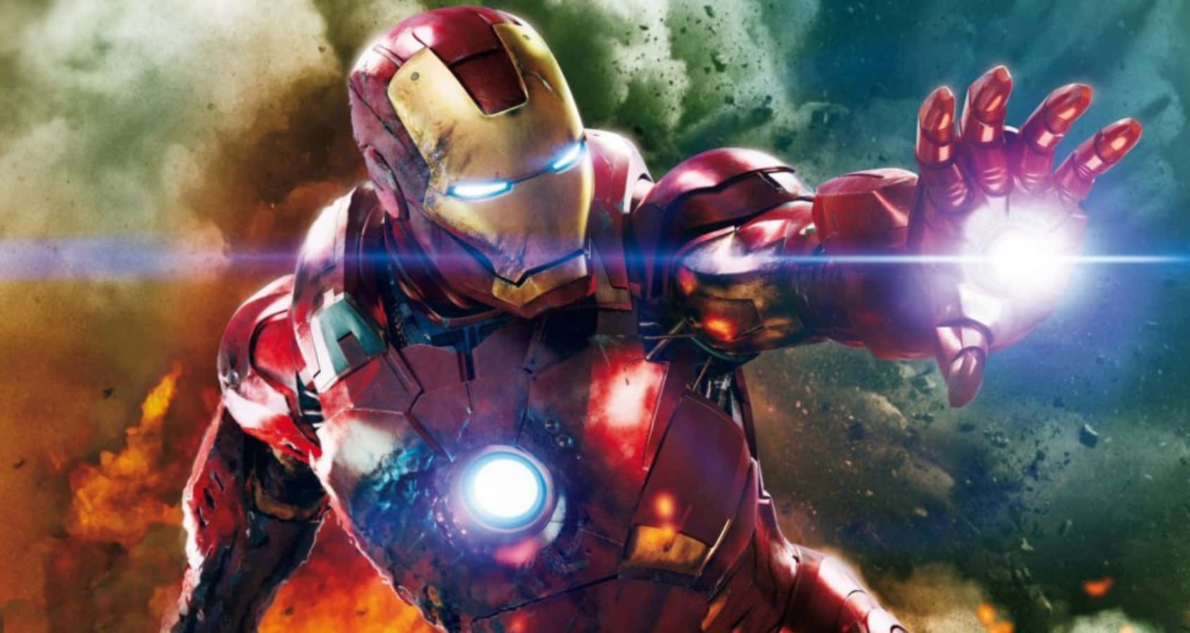 Vibranium Suit 桌布 壁紙 — 身穿戰鬥裝甲的鐵甲奇俠在熾熱爆炸和碎片中發射斥力炮。