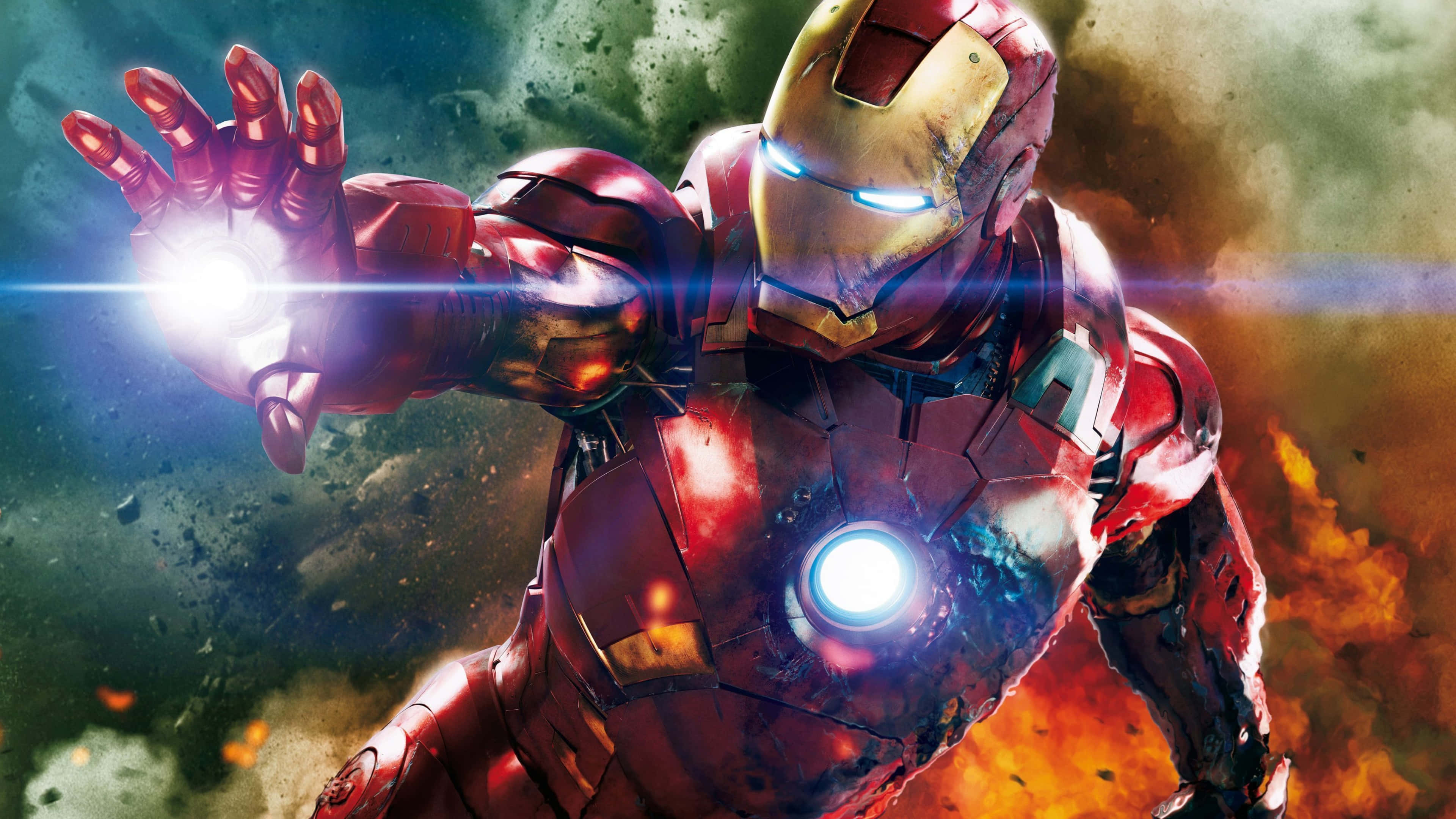 4K Marvel 壁紙 桌布 壁紙 — 身穿戰鬥裝甲的鐵甲奇俠在熾熱的宇宙背景下發射發光的斥力炮。