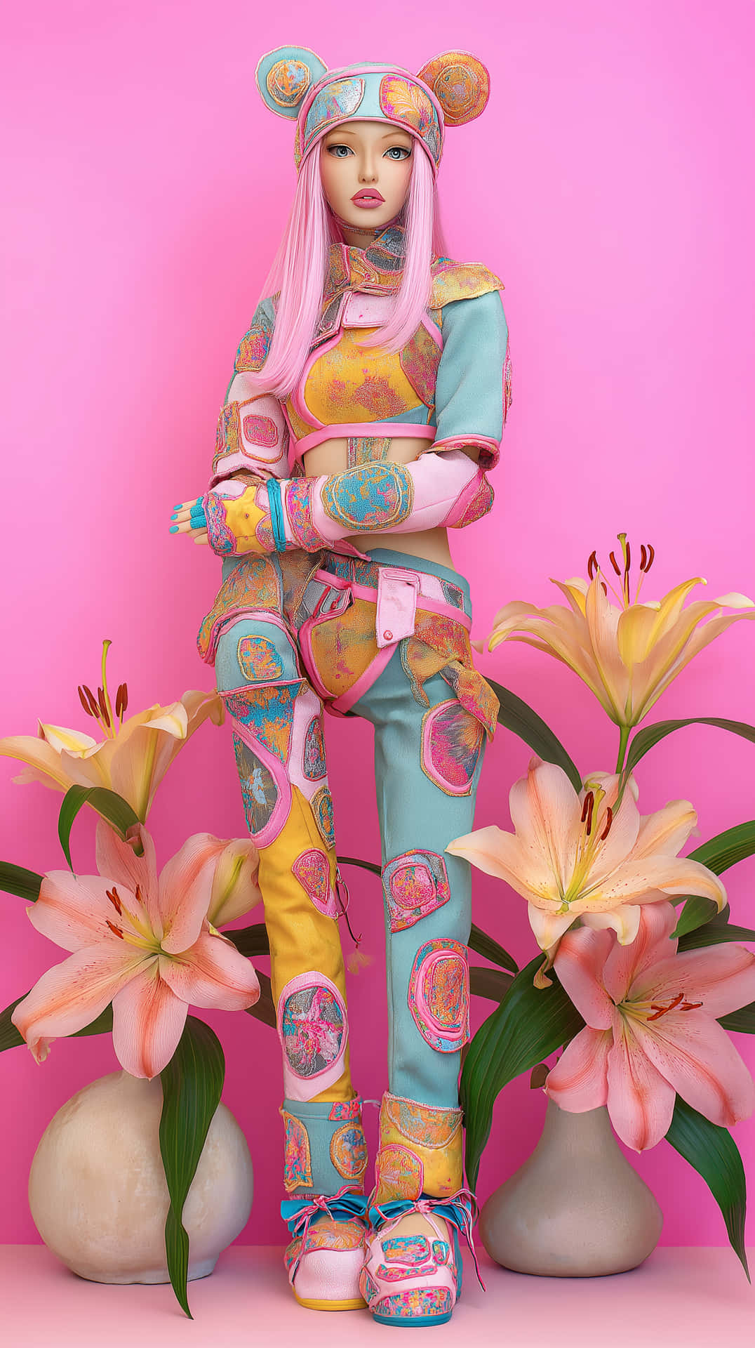 一個穿著彩色拼布服裝、戴著熊耳朵的風格化玩偶，站在兩個插有粉紅色百合花的花瓶之間。