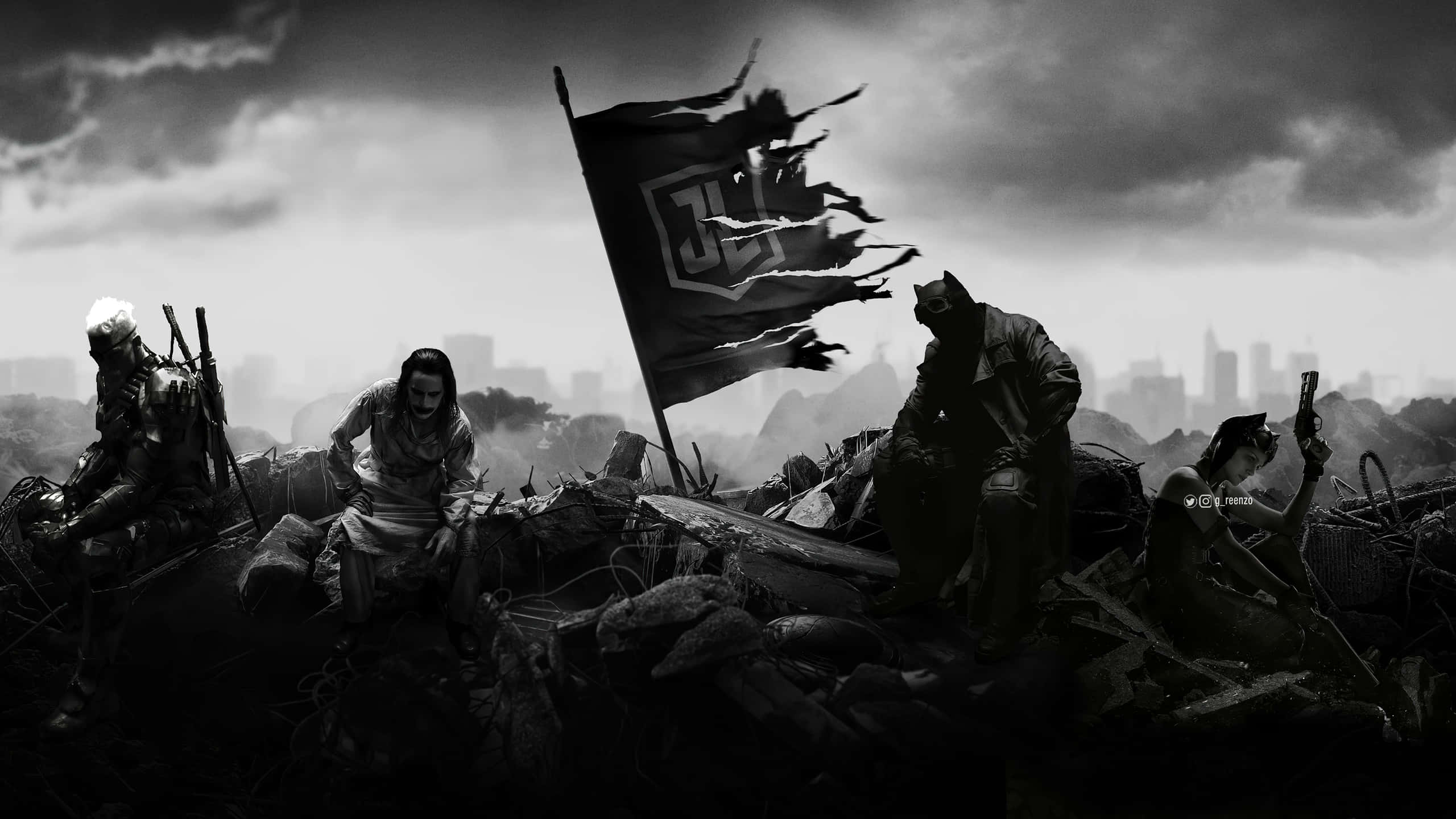Dark War 桌布 壁紙 — 身穿暗色盔甲的戰士們站在瓦礫中，在暴風雨的天空下舉著破爛的旗幟，遠處有一座城市。