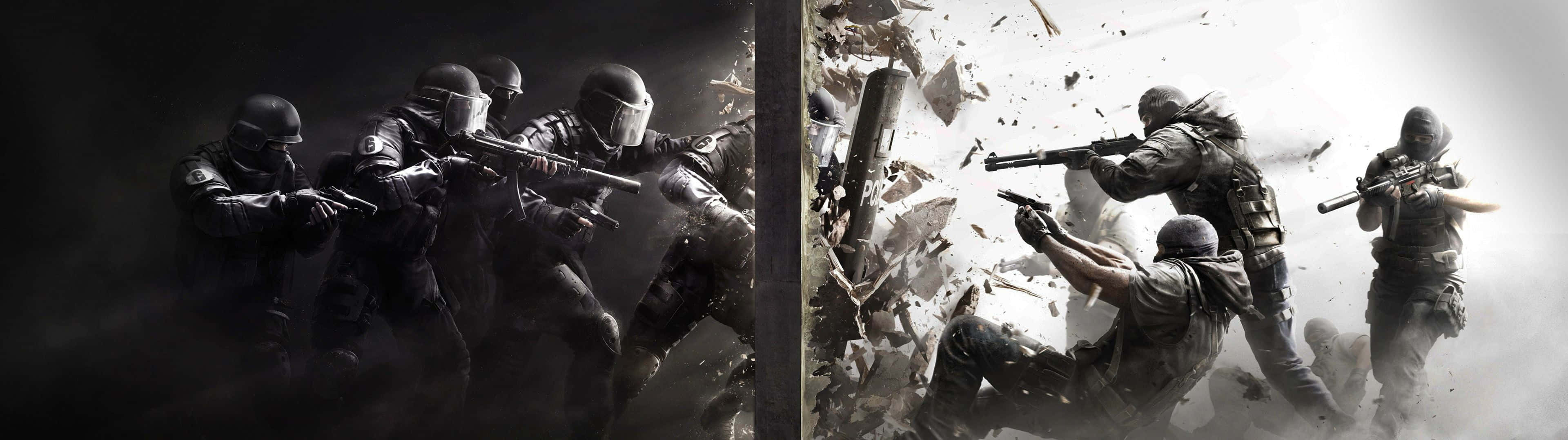 Call Of Duty Soldiers 桌布 壁紙 — 身穿暗色裝備的戰術士兵在爆炸碎片和煙霧中突破牆壁，呈現一場 gritty 的戰鬥場景。