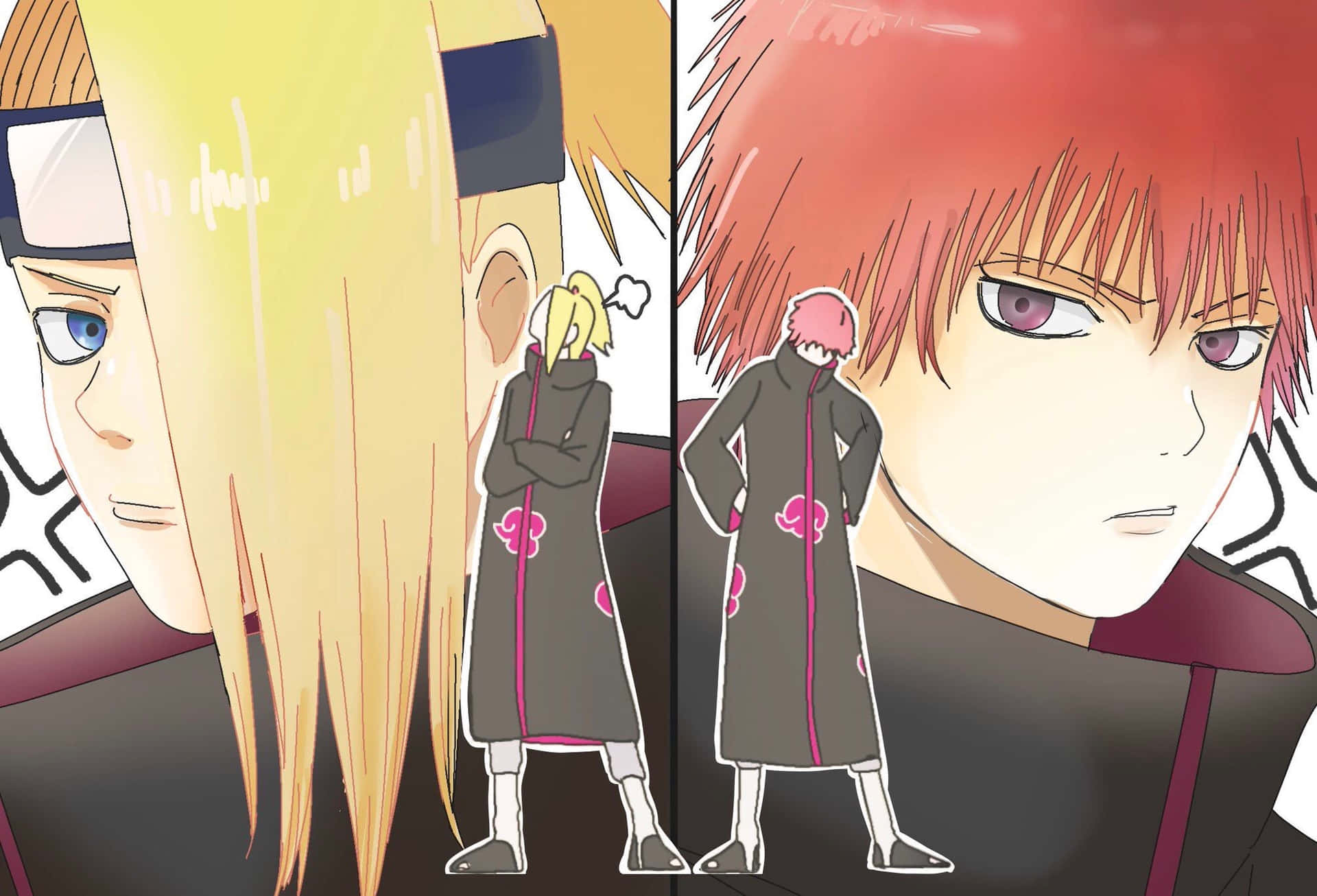 Akatsuki X Deidara 桌布 壁紙 — 身穿曉組織斗篷的動漫角色以強烈的表情和鮮豔的髮色站在分割面板構圖中。