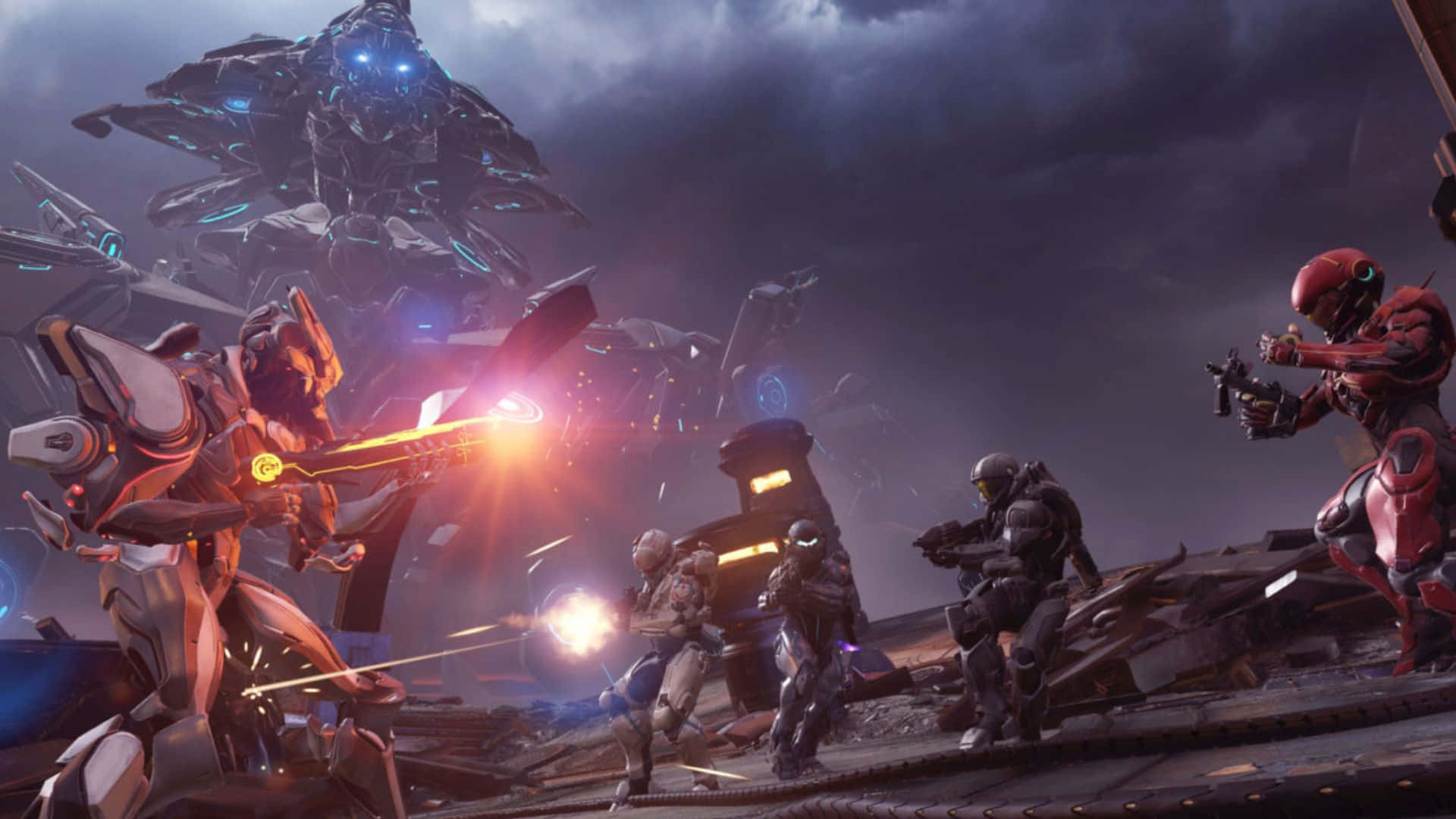 Fireteam Osiris 桌布 壁紙 — 身穿未來盔甲的士兵在暴風雨的天空下，用發光的武器爆炸對抗高聳的機械怪物。