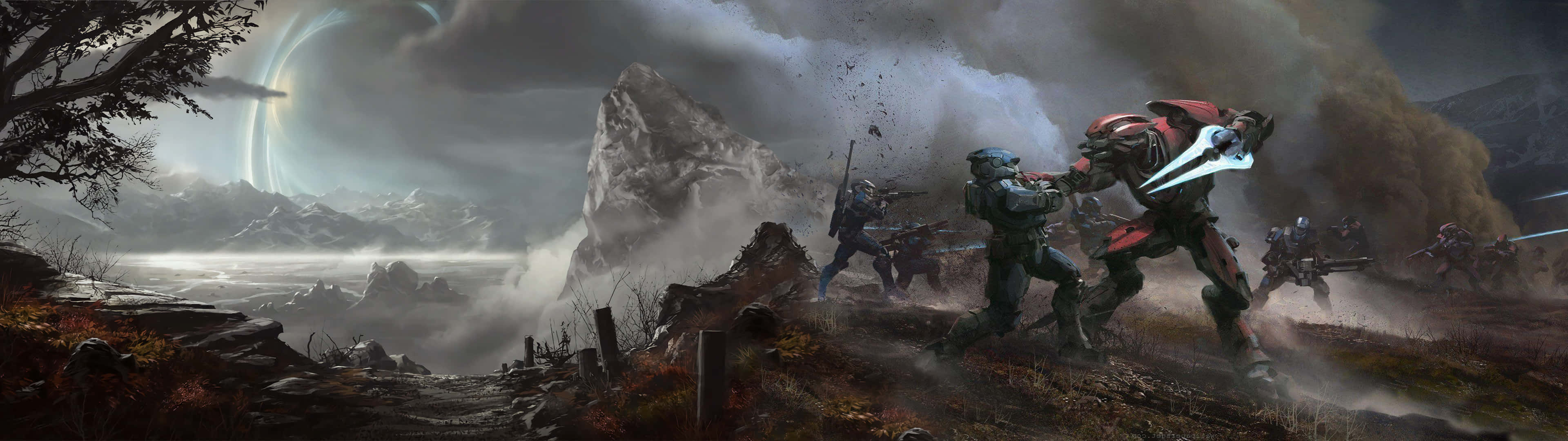 Halo Battle 桌布 壁紙 — 身穿未來盔甲的士兵在風暴肆虐的外星景觀中交戰，天空中有一個發光的環。