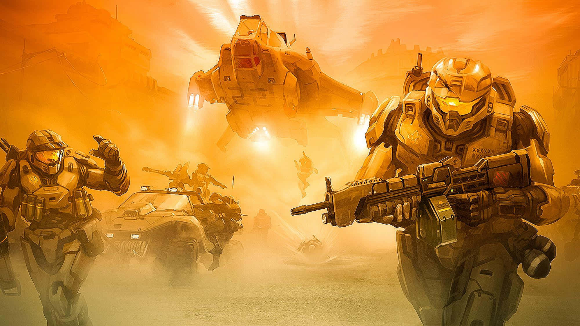 Halo Red Team 桌布 壁紙 — 身穿未來裝甲的士兵在塵土飛揚的戰場上前進，一架懸浮戰爭機器在橙色天空下威脅地盤旋。