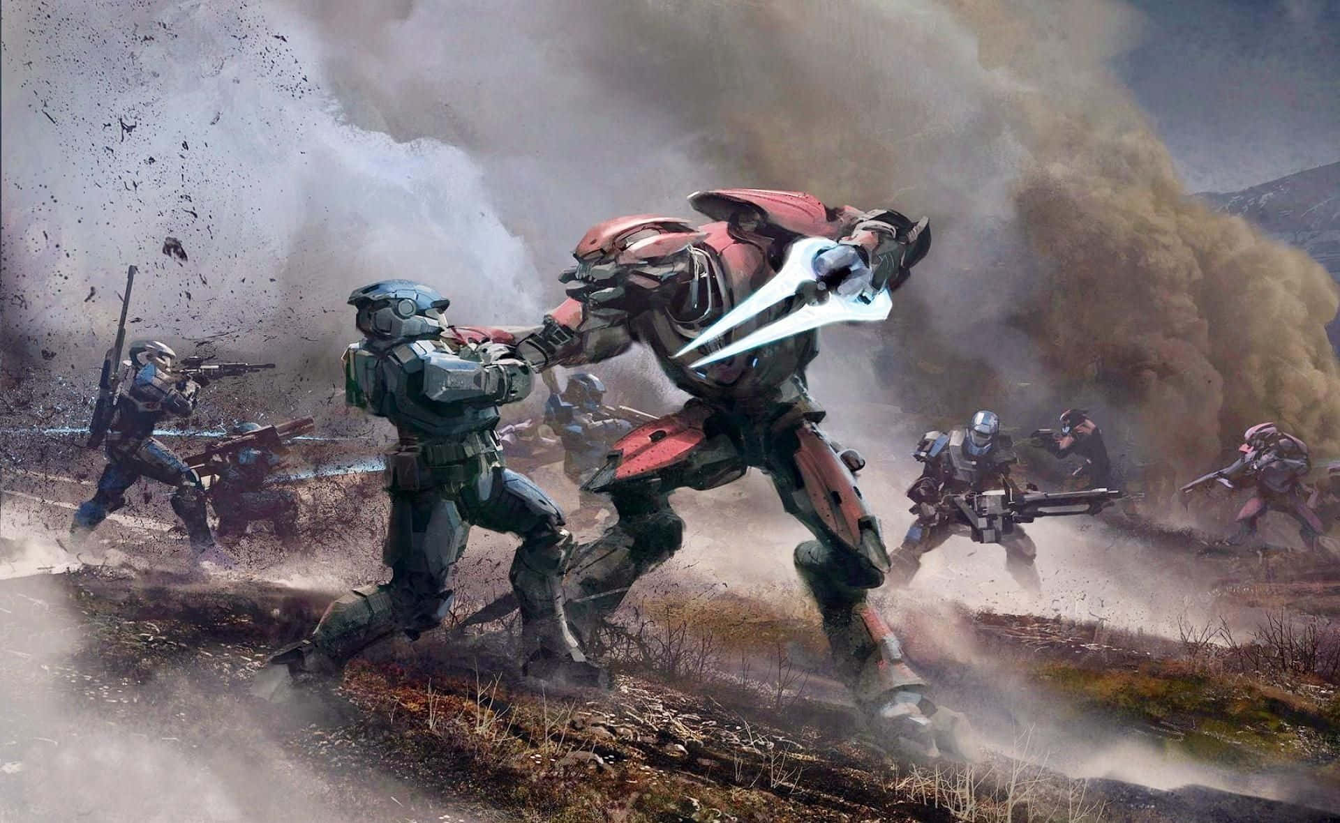 Halo Battle 桌布 壁紙 — 身穿未來裝甲的士兵在塵土飛揚的戰場上交戰，爆炸和煙霧在他們周圍翻騰。