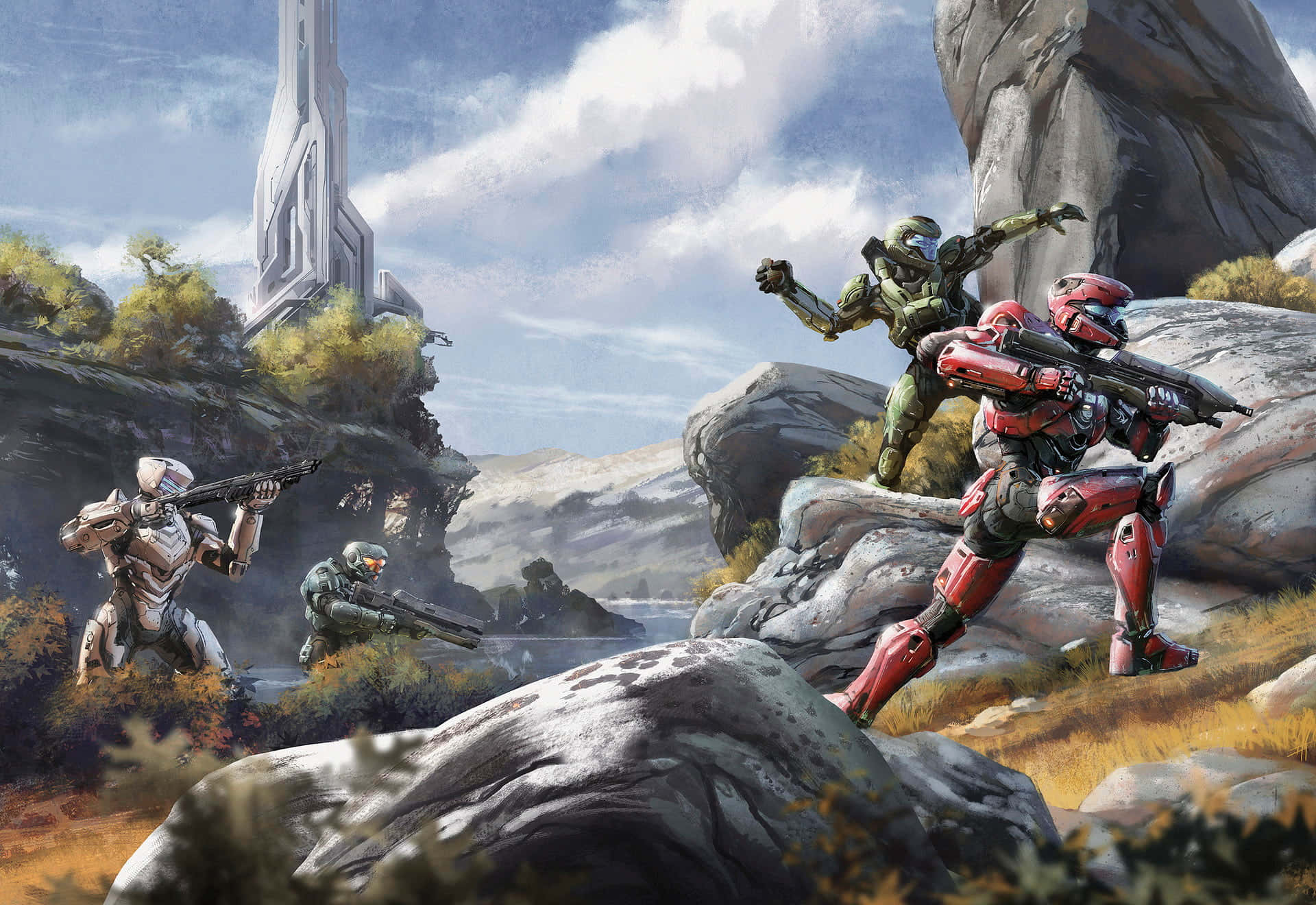 Halo Battle 桌布 壁紙 — 身穿未來裝甲的士兵在多雲天空下的岩石外星景觀中戰鬥，遠處有一座高聳的建築物。