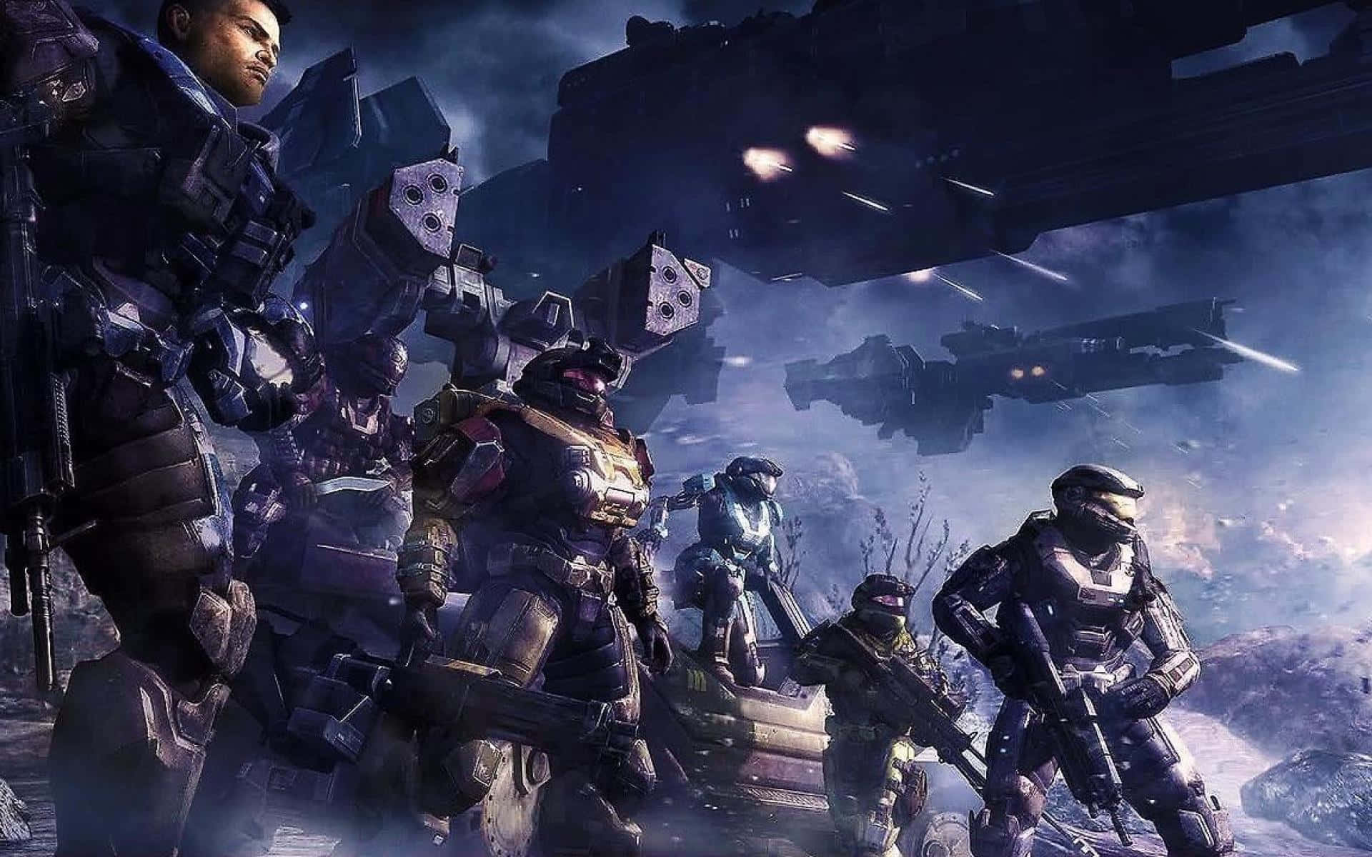 Halo 5 Blue Team 桌布 壁紙 — 身穿未來裝甲的士兵在岩石戰場上準備就緒，巨大的戰艦在上方發射激光，構成戲劇性的科幻場景。