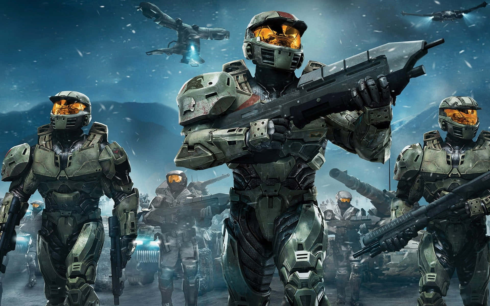 Halo Spartans 桌布 壁紙 — 身穿未來裝甲的士兵在暴風雨的天空下前進，頭頂有飛行車輛。
