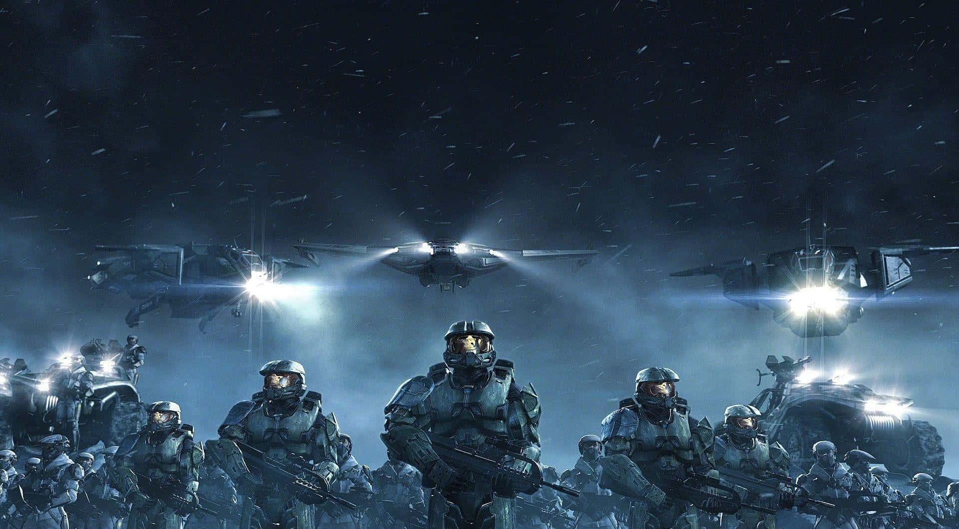 Halo Spartans 桌布 壁紙 — 身穿未來裝甲的士兵在飄雪中準備就緒，發光的飛行器在黑暗暴風雨的天空中盤旋。