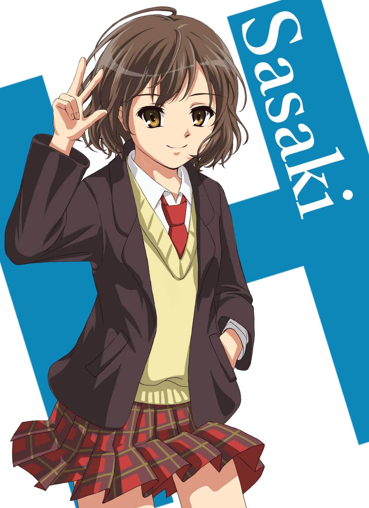 Haruhi Sasaki 桌布 壁紙 — 身穿校服的動漫女孩微笑著在藍色幾何背景前做出和平手勢。