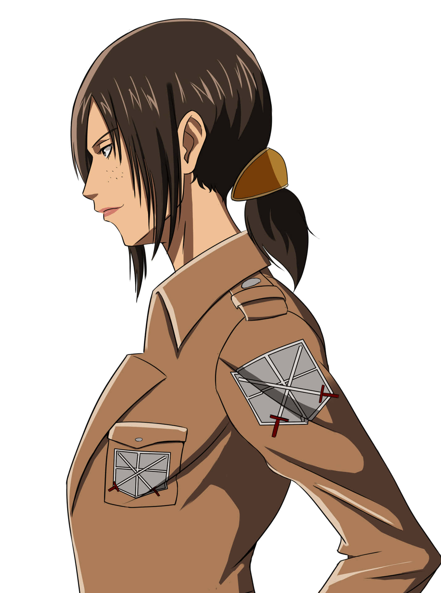 Ymir 桌布 壁紙 — 身穿棕色軍裝、帶有徽章和馬尾辮的動漫角色，在白色背景上以側面輪廓展示。
